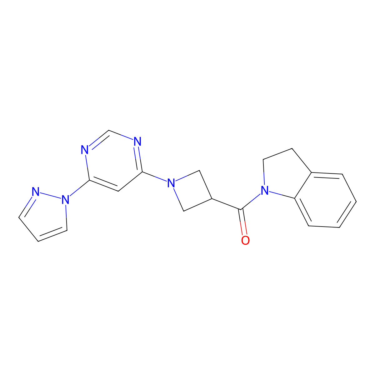 (1-(6-(1H-pyrazol-1-yl)pyrimidin-4-yl)azetidin-3-yl)(indolin-1-yl)methanone molecular structure, CAS 2034360-51-3