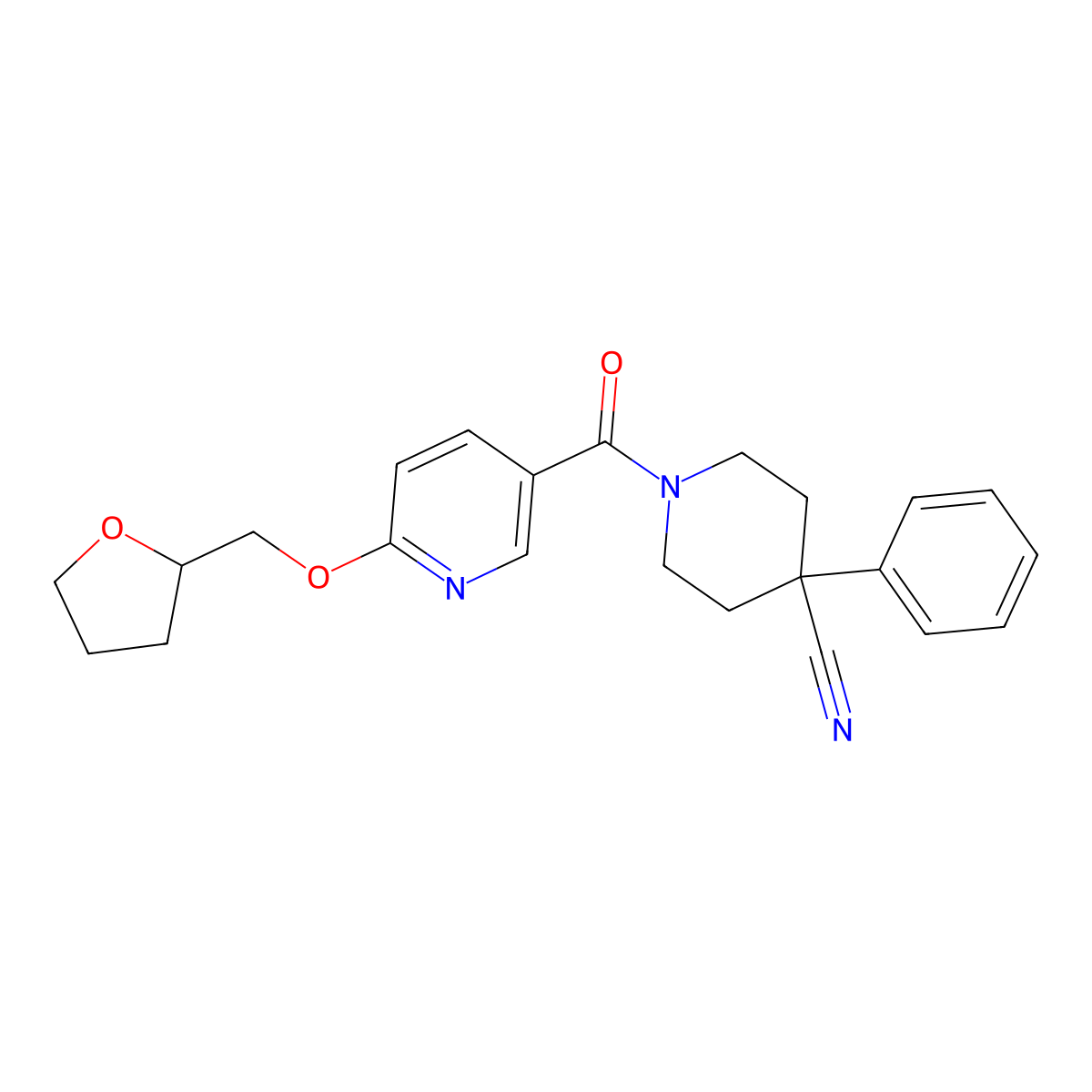 4-Phenyl-1-(6-((tetrahydrofuran-2-yl)methoxy)nicotinoyl)piperidine-4-carbonitrile molecular structure, CAS 2034360-52-4