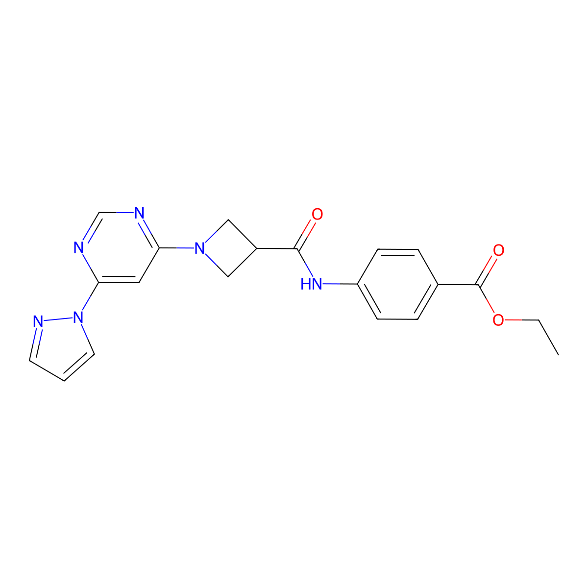 ethyl 4-(1-(6-(1H-pyrazol-1-yl)pyrimidin-4-yl)azetidine-3-carboxamido)benzoate molecular structure, CAS 2034360-56-8