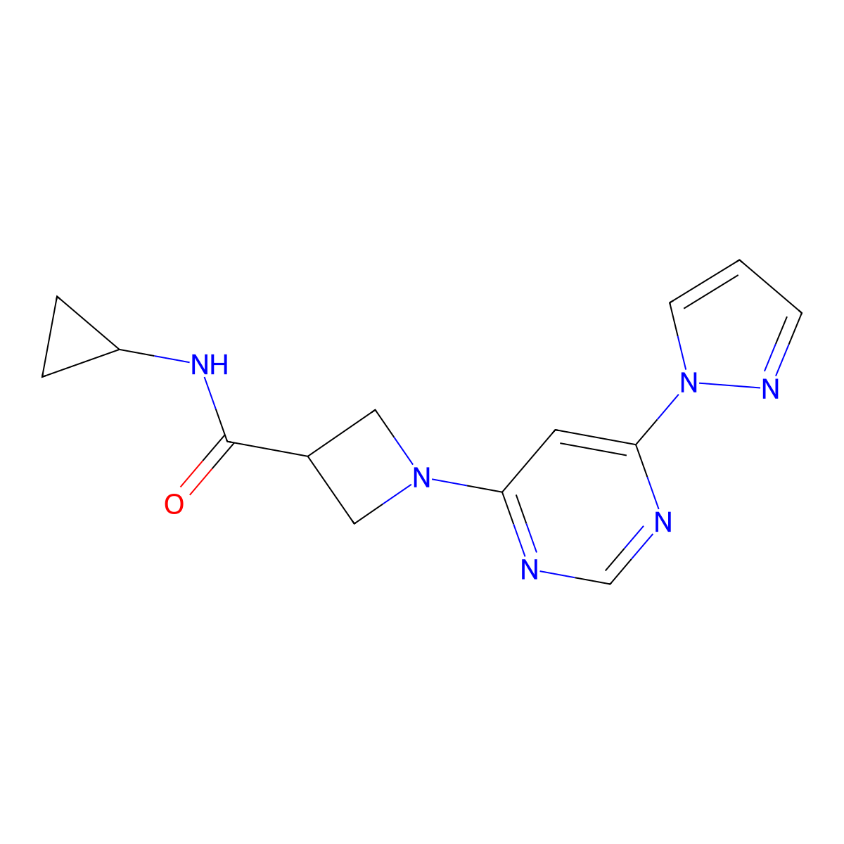 1-(6-(1H-pyrazol-1-yl)pyrimidin-4-yl)-N-cyclopropylazetidine-3-carboxamide molecular structure, CAS 2034360-78-4