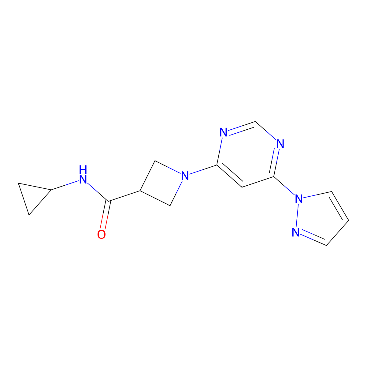 1-(6-(1H-pyrazol-1-yl)pyrimidin-4-yl)-N-cyclopropylazetidine-3-carboxamide molecular structure, CAS 2034360-78-4