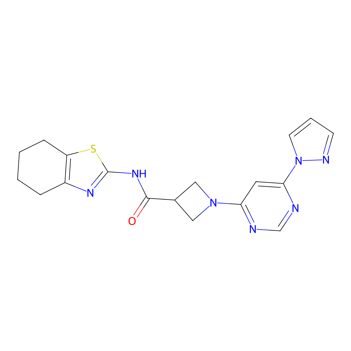 1-(6-(1H-pyrazol-1-yl)pyrimidin-4-yl)-N-(4,5,6,7-tetrahydrobenzo[d]thiazol-2-yl)azetidine-3-carboxamide molecular structure, CAS 2034360-85-3
