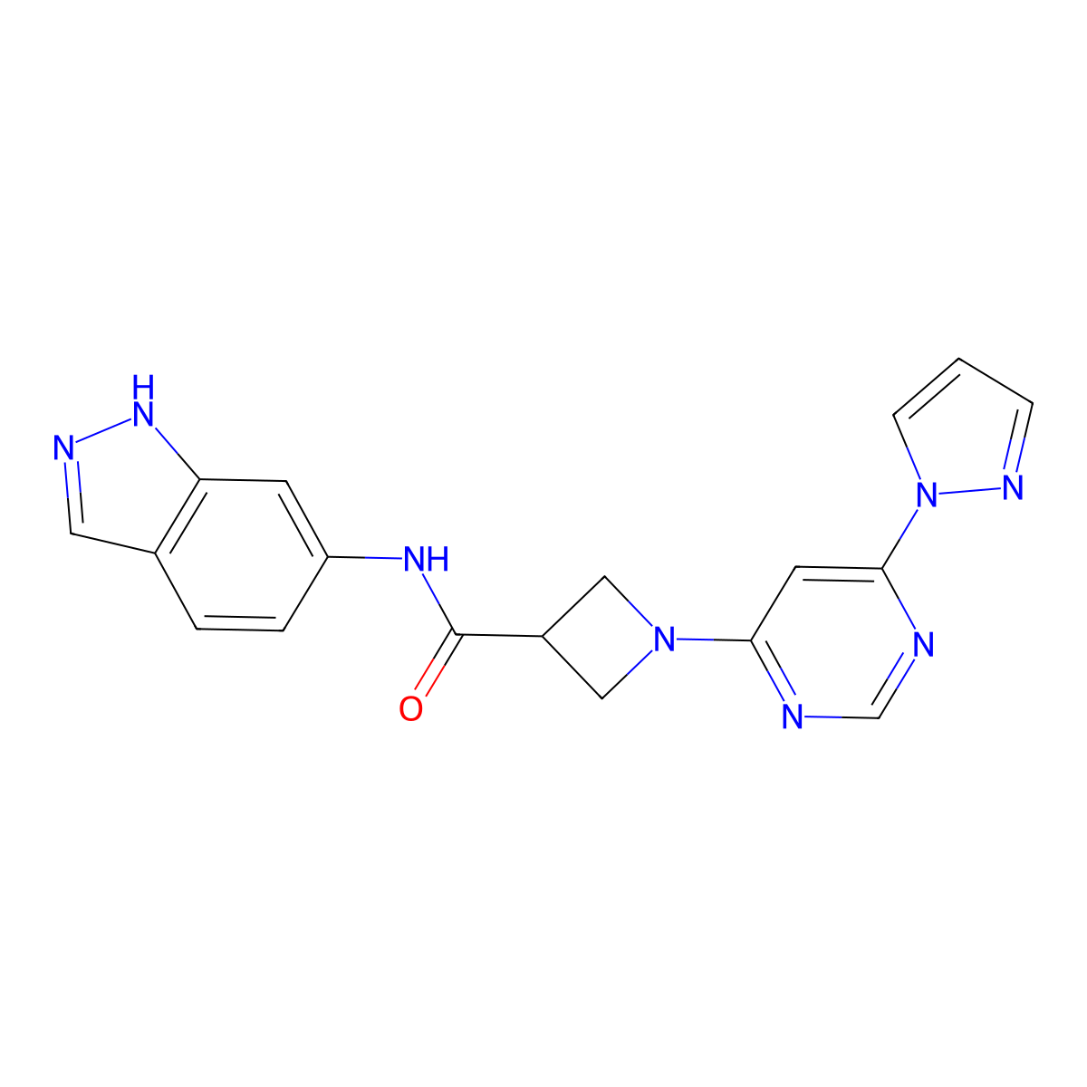 1-(6-(1H-pyrazol-1-yl)pyrimidin-4-yl)-N-(1H-indazol-6-yl)azetidine-3-carboxamide molecular structure, CAS 2034360-94-4