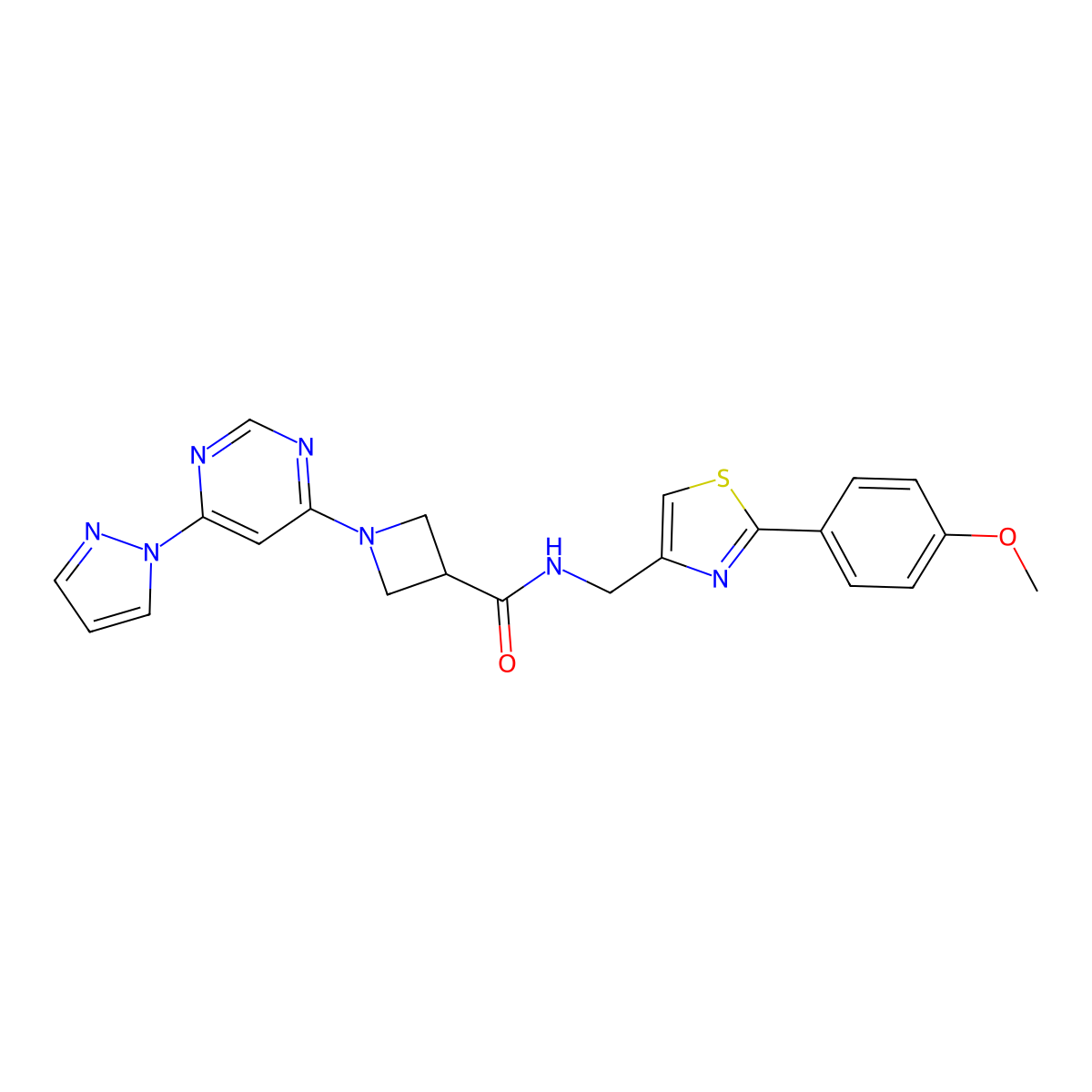 1-(6-(1H-pyrazol-1-yl)pyrimidin-4-yl)-N-((2-(4-methoxyphenyl)thiazol-4-yl)methyl)azetidine-3-carboxamide molecular structure, CAS 2034361-08-3