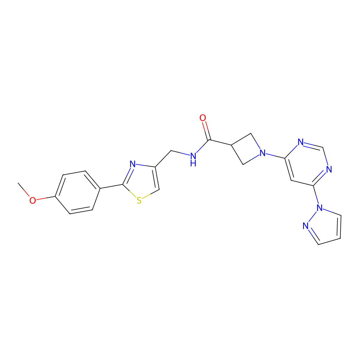 1-(6-(1H-pyrazol-1-yl)pyrimidin-4-yl)-N-((2-(4-methoxyphenyl)thiazol-4-yl)methyl)azetidine-3-carboxamide molecular structure, CAS 2034361-08-3
