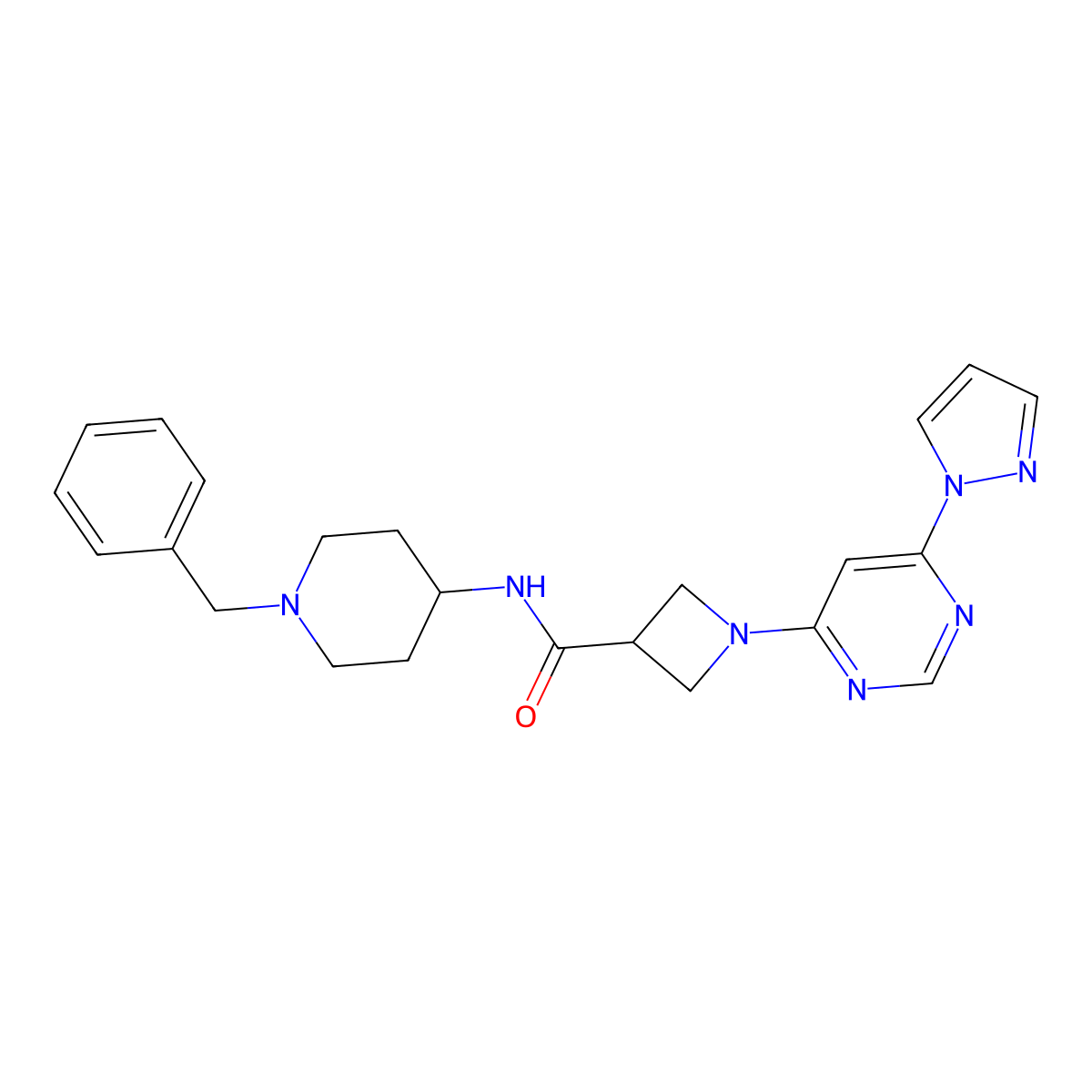 1-(6-(1H-pyrazol-1-yl)pyrimidin-4-yl)-N-(1-benzylpiperidin-4-yl)azetidine-3-carboxamide molecular structure, CAS 2034361-13-0