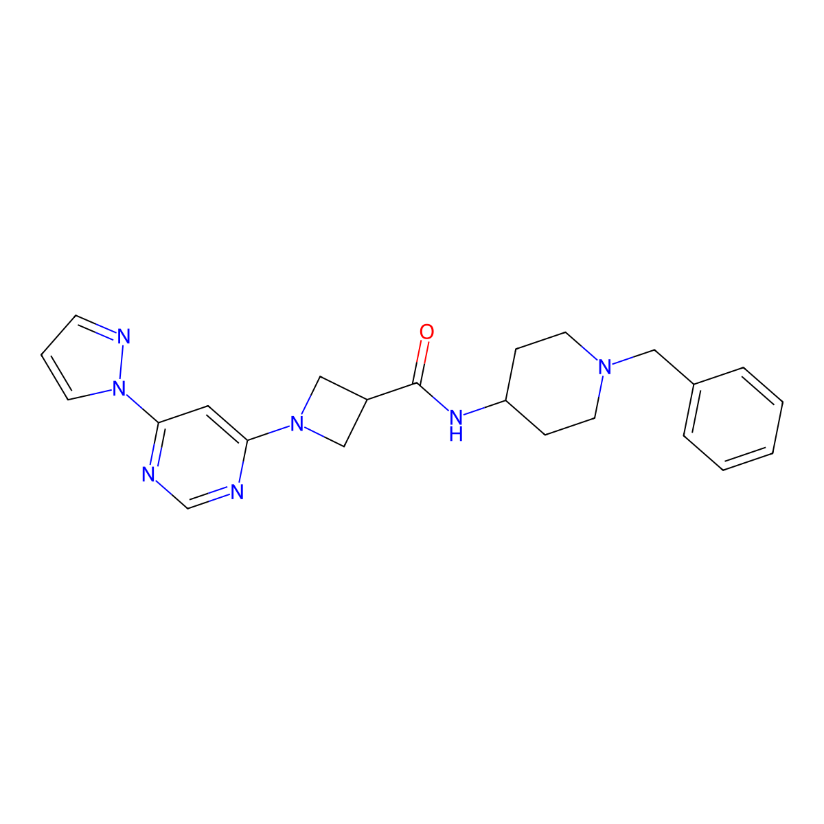 1-(6-(1H-pyrazol-1-yl)pyrimidin-4-yl)-N-(1-benzylpiperidin-4-yl)azetidine-3-carboxamide molecular structure, CAS 2034361-13-0