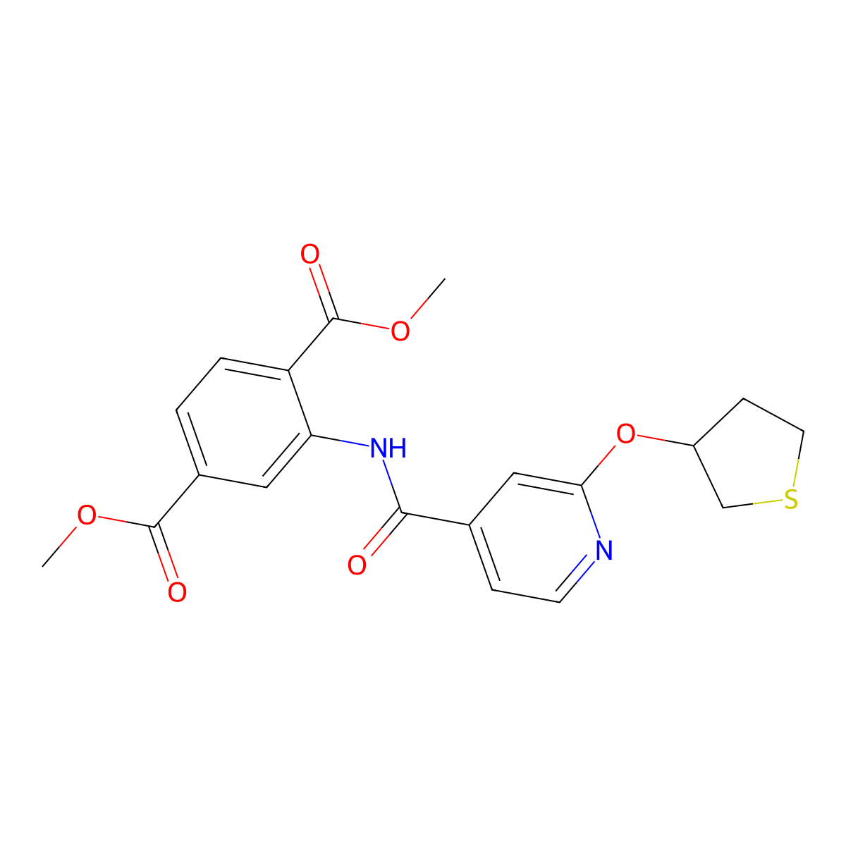 Dimethyl 2-(2-((tetrahydrothiophen-3-yl)oxy)isonicotinamido)terephthalate molecular structure, CAS 2034361-15-2