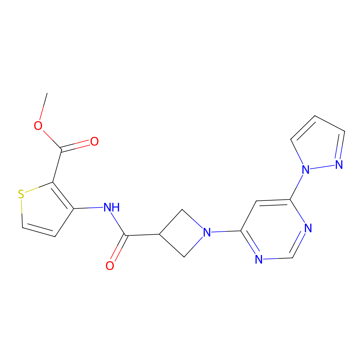 methyl 3-(1-(6-(1H-pyrazol-1-yl)pyrimidin-4-yl)azetidine-3-carboxamido)thiophene-2-carboxylate molecular structure, CAS 2034361-19-6