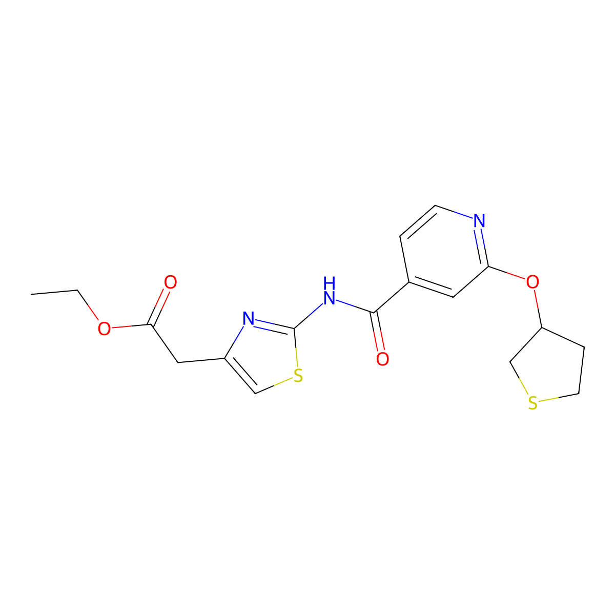 Ethyl 2-(2-(2-((tetrahydrothiophen-3-yl)oxy)isonicotinamido)thiazol-4-yl)acetate molecular structure, CAS 2034361-23-2