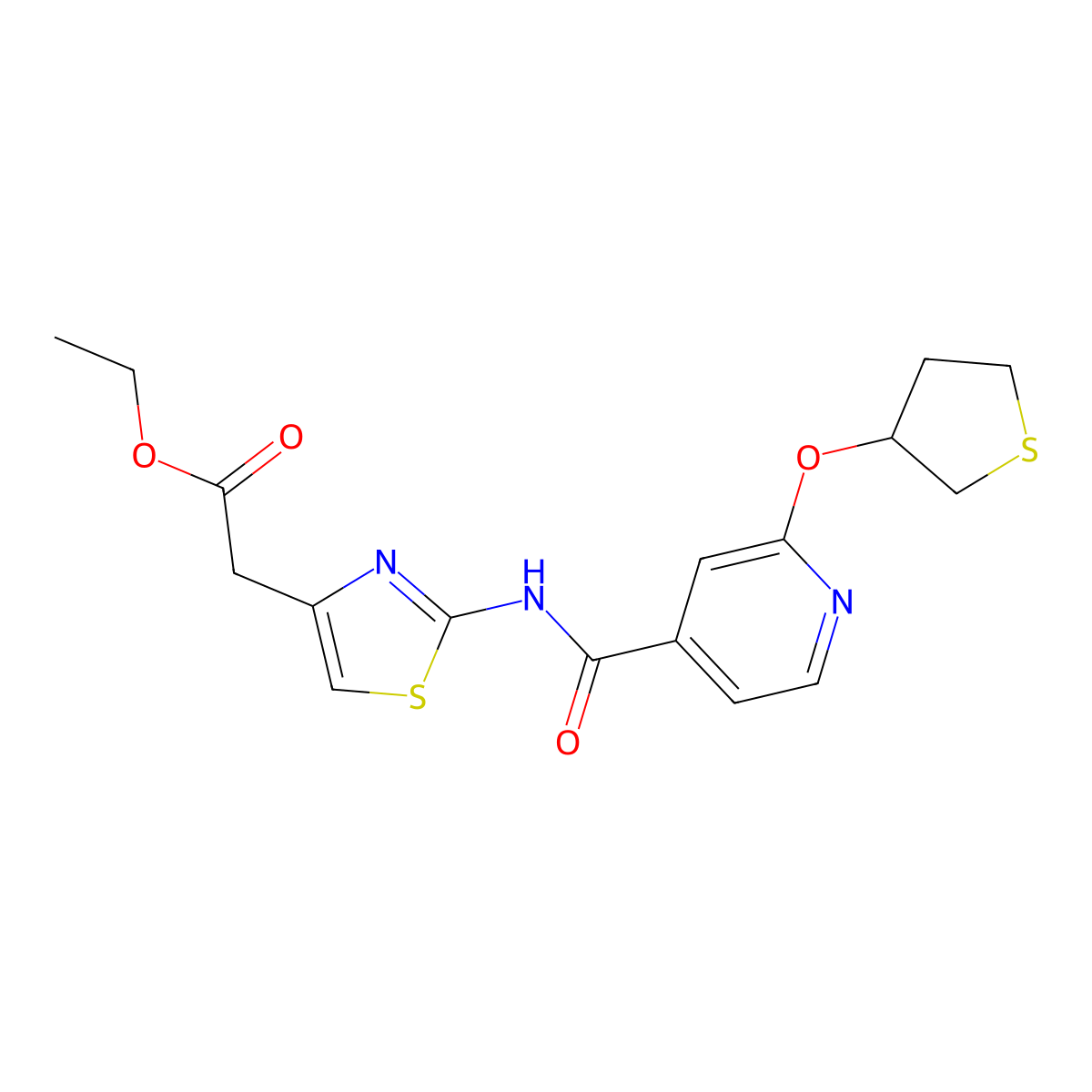 Ethyl 2-(2-(2-((tetrahydrothiophen-3-yl)oxy)isonicotinamido)thiazol-4-yl)acetate molecular structure, CAS 2034361-23-2