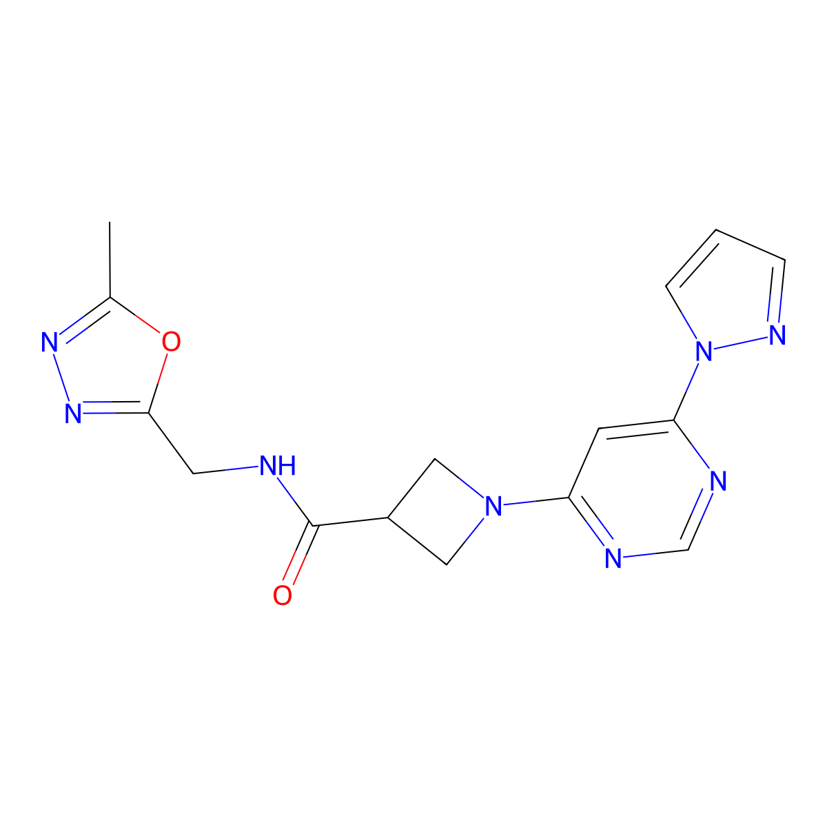 1-(6-(1H-pyrazol-1-yl)pyrimidin-4-yl)-N-((5-methyl-1,3,4-oxadiazol-2-yl)methyl)azetidine-3-carboxamide molecular structure, CAS 2034361-24-3