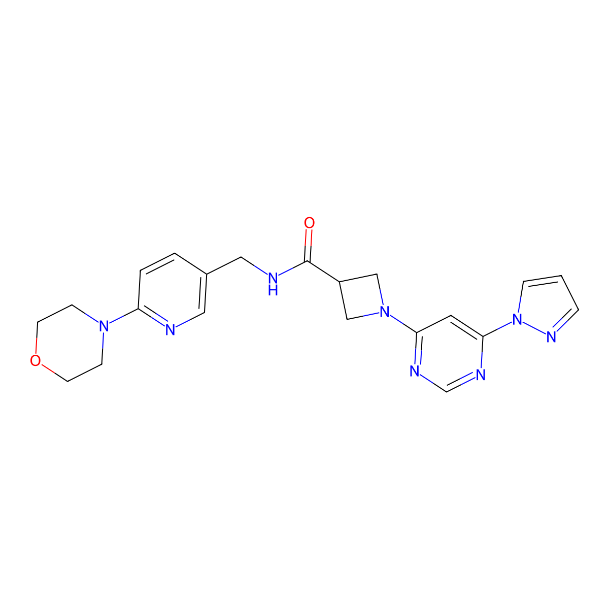 1-(6-(1H-pyrazol-1-yl)pyrimidin-4-yl)-N-((6-morpholinopyridin-3-yl)methyl)azetidine-3-carboxamide molecular structure, CAS 2034361-32-3