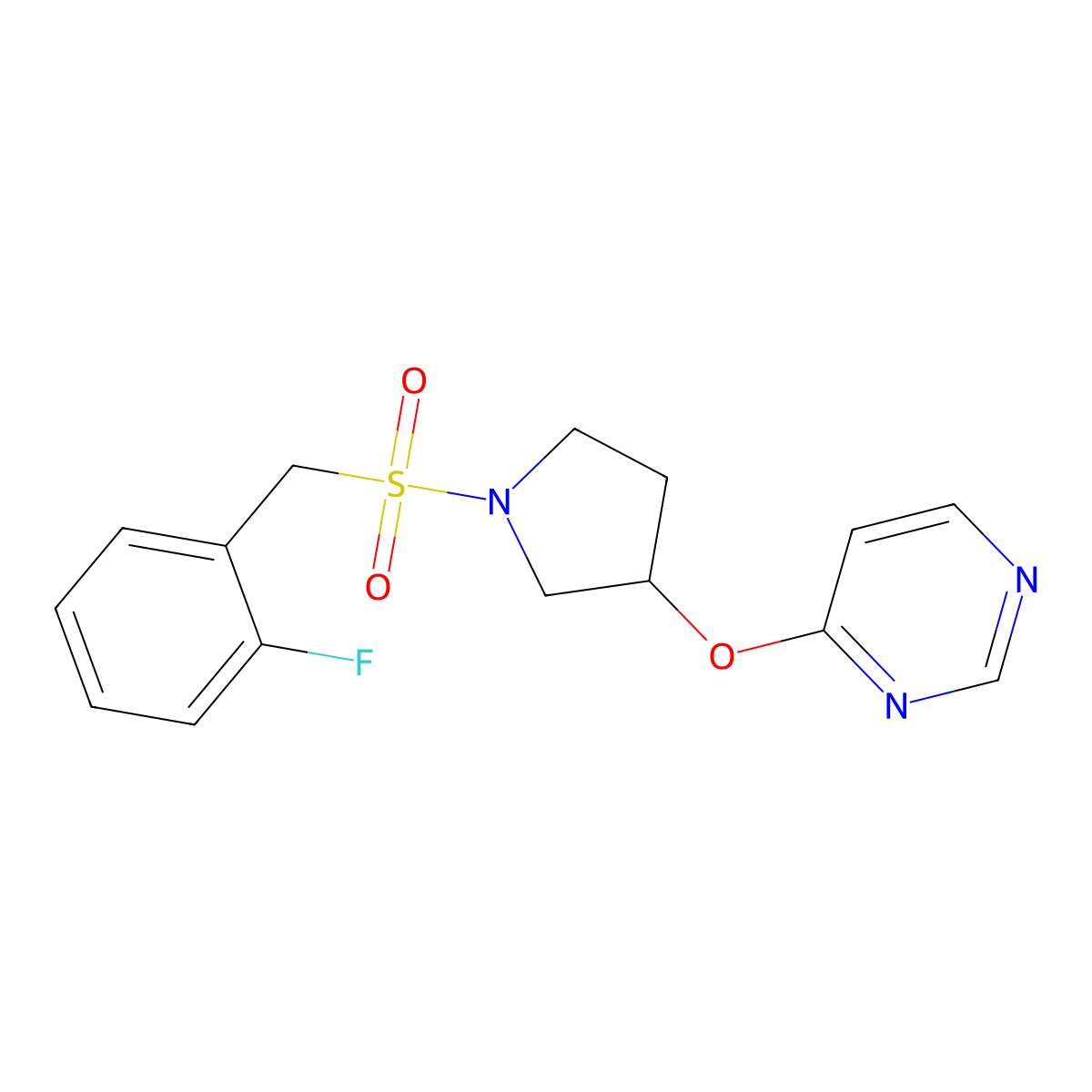 4-((1-((2-Fluorobenzyl)sulfonyl)pyrrolidin-3-yl)oxy)pyrimidine molecular structure, CAS 2034361-35-6