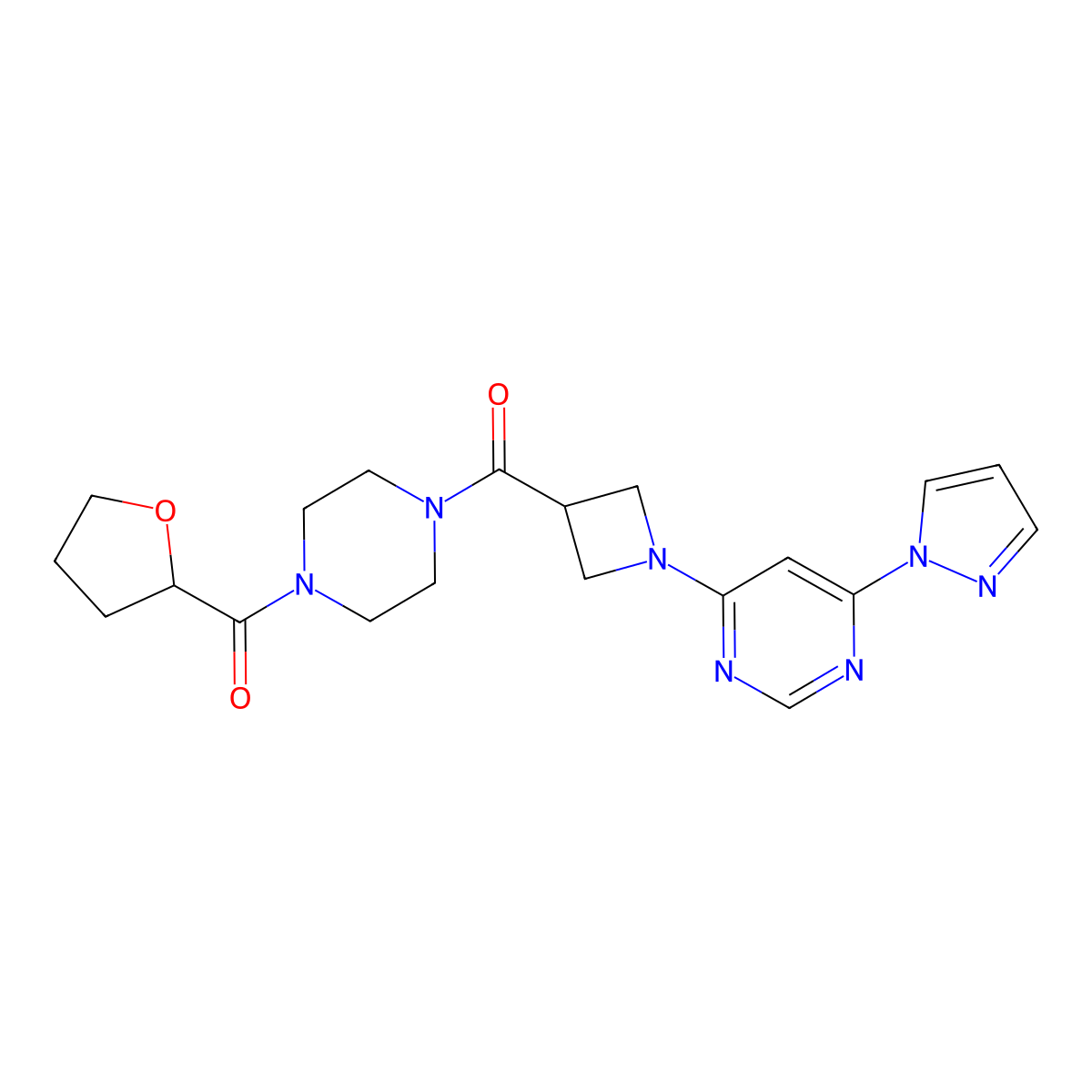 (1-(6-(1H-pyrazol-1-yl)pyrimidin-4-yl)azetidin-3-yl)(4-(tetrahydrofuran-2-carbonyl)piperazin-1-yl)methanone molecular structure, CAS 2034361-37-8