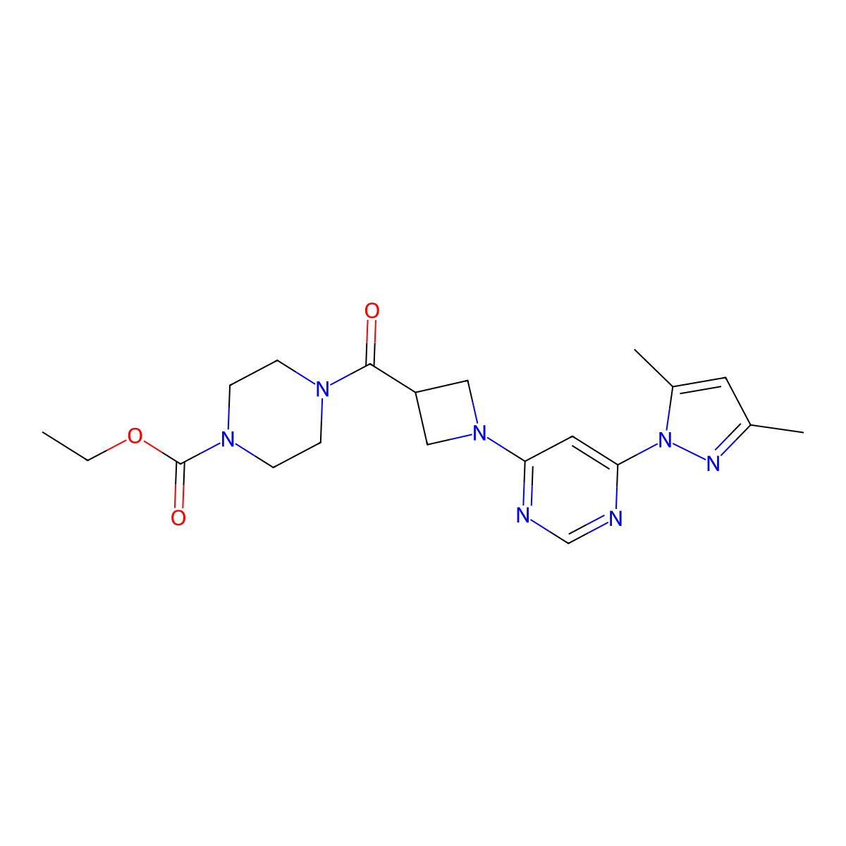 ethyl 4-{1-[6-(3,5-dimethyl-1H-pyrazol-1-yl)pyrimidin-4-yl]azetidine-3-carbonyl}piperazine-1-carboxylate molecular structure, CAS 2034361-46-9