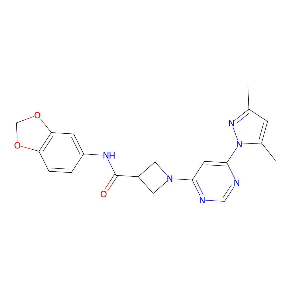 N-(benzo[d][1,3]dioxol-5-yl)-1-(6-(3,5-dimethyl-1H-pyrazol-1-yl)pyrimidin-4-yl)azetidine-3-carboxamide molecular structure, CAS 2034361-50-5