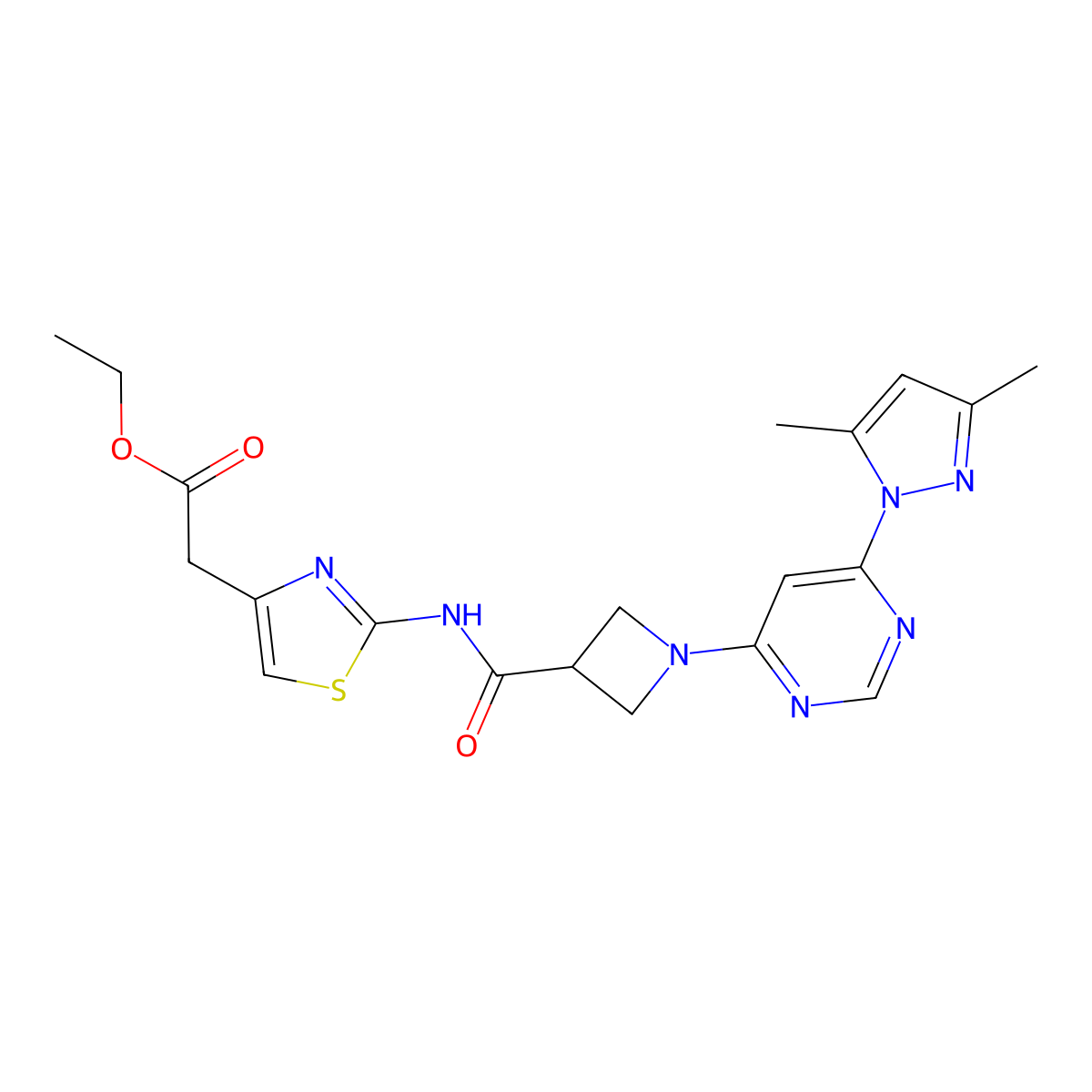 ethyl 2-(2-(1-(6-(3,5-dimethyl-1H-pyrazol-1-yl)pyrimidin-4-yl)azetidine-3-carboxamido)thiazol-4-yl)acetate molecular structure, CAS 2034361-55-0