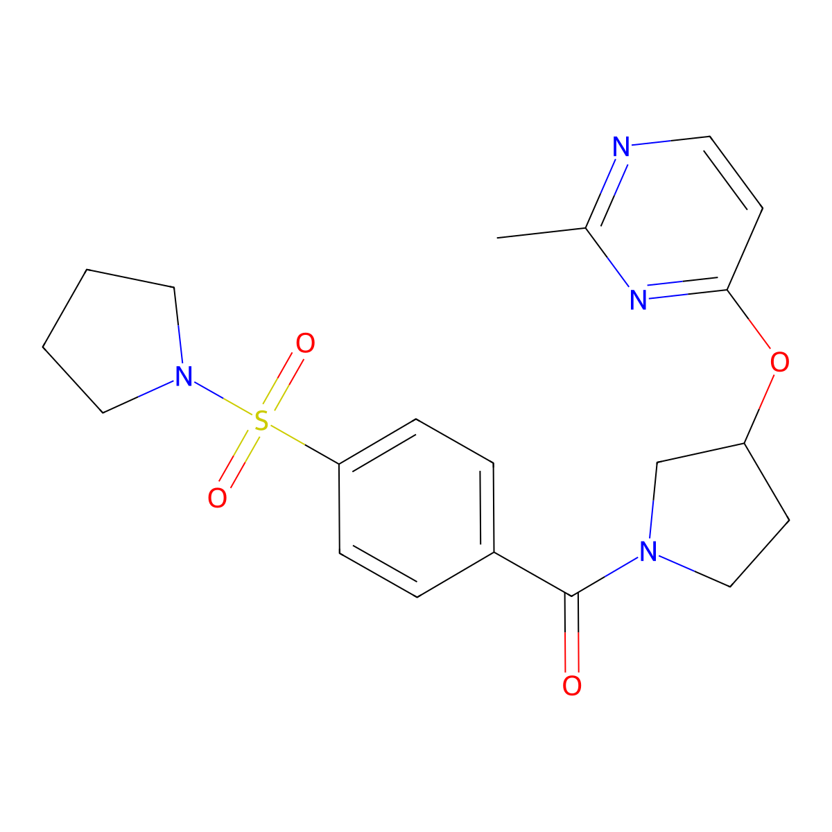 2-Methyl-4-({1-[4-(pyrrolidine-1-sulfonyl)benzoyl]pyrrolidin-3-yl}oxy)pyrimidine molecular structure, CAS 2034361-57-2