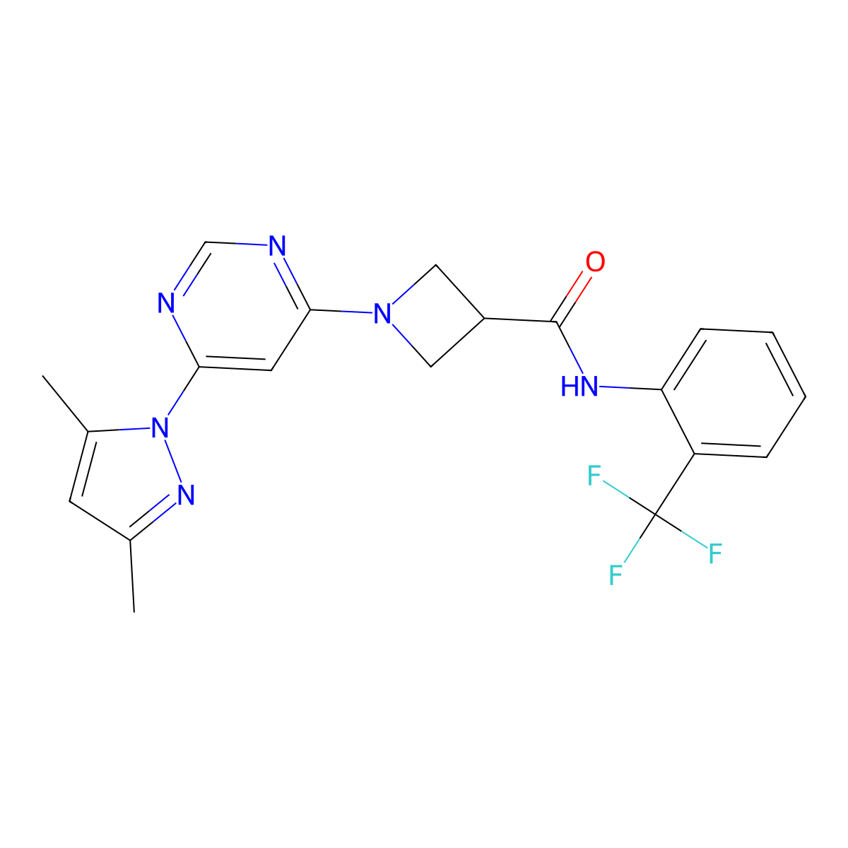 1-(6-(3,5-dimethyl-1H-pyrazol-1-yl)pyrimidin-4-yl)-N-(2-(trifluoromethyl)phenyl)azetidine-3-carboxamide molecular structure, CAS 2034361-63-0