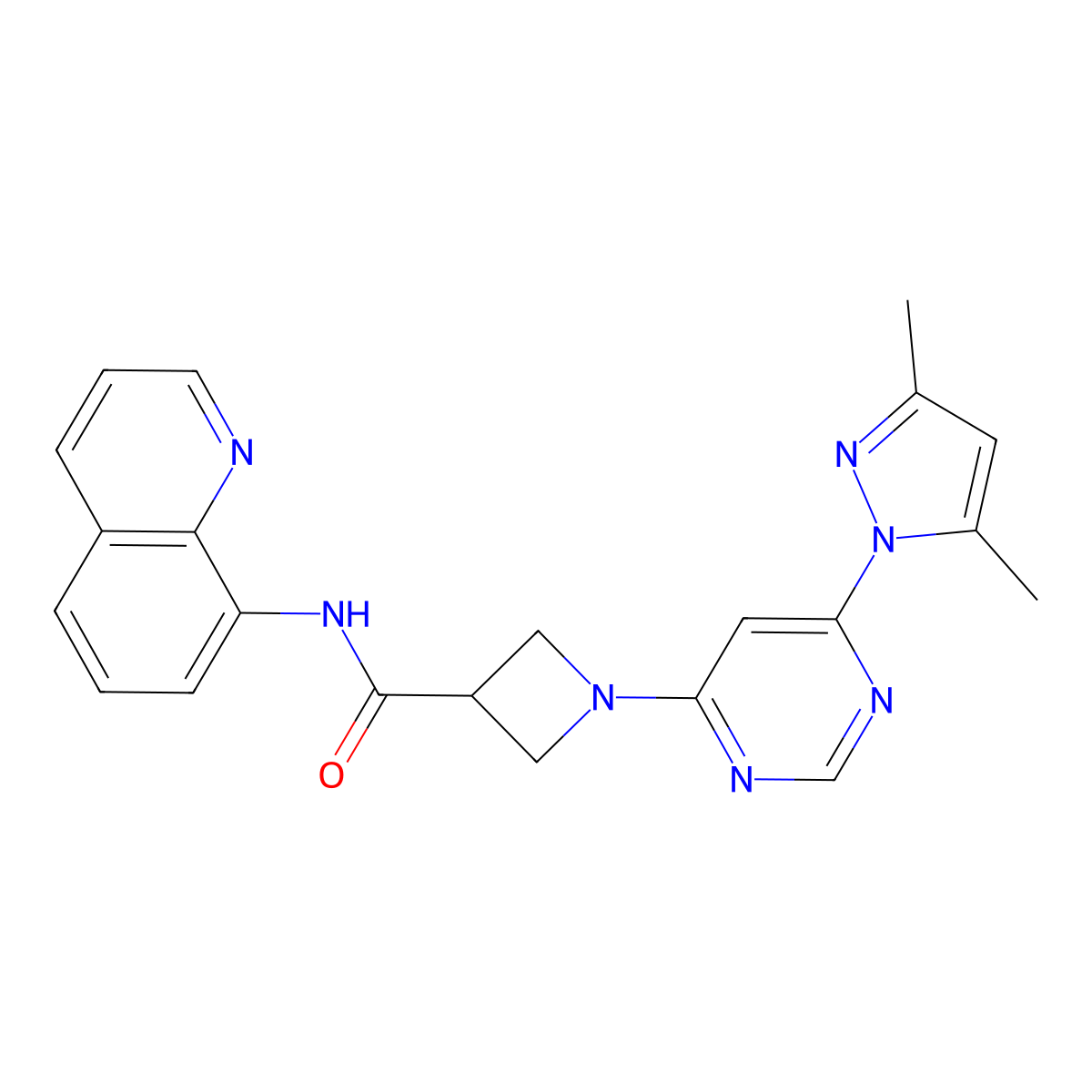1-(6-(3,5-dimethyl-1H-pyrazol-1-yl)pyrimidin-4-yl)-N-(quinolin-8-yl)azetidine-3-carboxamide molecular structure, CAS 2034361-79-8