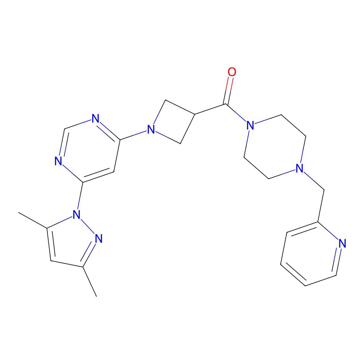 (1-(6-(3,5-dimethyl-1H-pyrazol-1-yl)pyrimidin-4-yl)azetidin-3-yl)(4-(pyridin-2-ylmethyl)piperazin-1-yl)methanone molecular structure, CAS 2034361-91-4