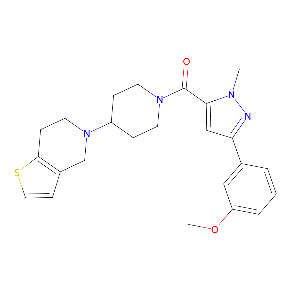 (4-(6,7-dihydrothieno[3,2-c]pyridin-5(4H)-yl)piperidin-1-yl)(3-(3-methoxyphenyl)-1-methyl-1H-pyrazol-5-yl)methanone molecular structure, CAS 2034361-92-5