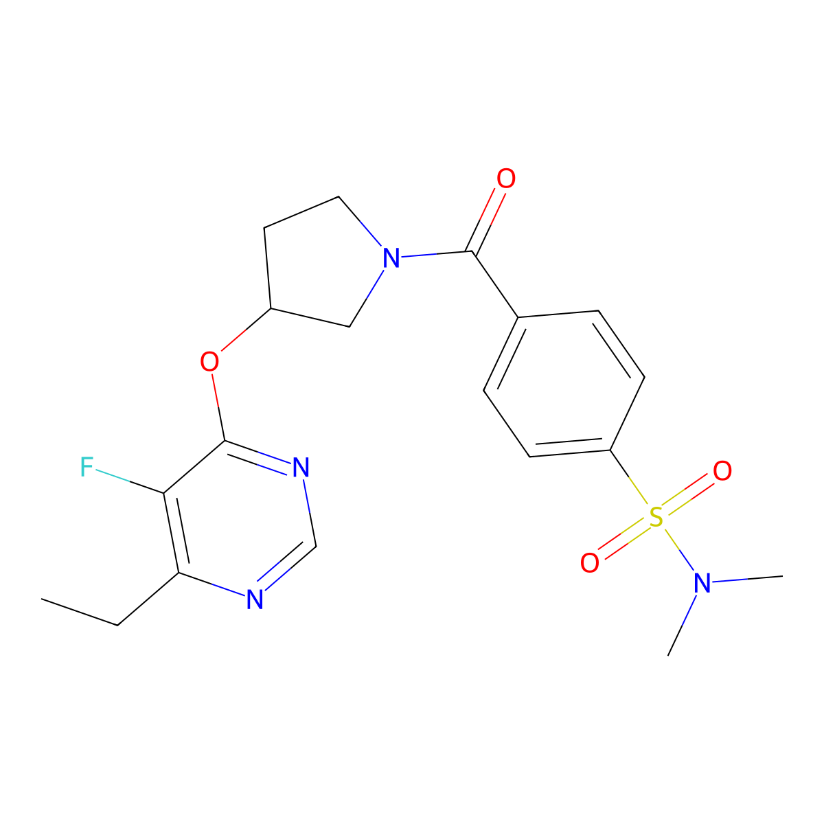 4-(3-((6-ethyl-5-fluoropyrimidin-4-yl)oxy)pyrrolidine-1-carbonyl)-N,N-dimethylbenzenesulfonamide molecular structure, CAS 2034361-95-8
