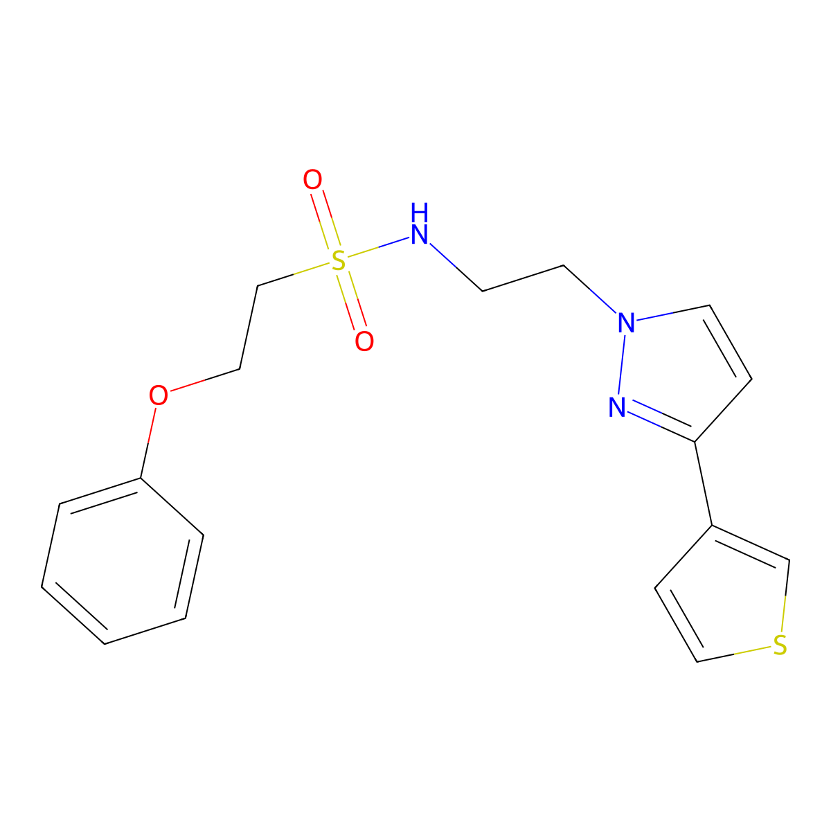 2-phenoxy-N-(2-(3-(thiophen-3-yl)-1H-pyrazol-1-yl)ethyl)ethanesulfonamide molecular structure, CAS 2034361-96-9