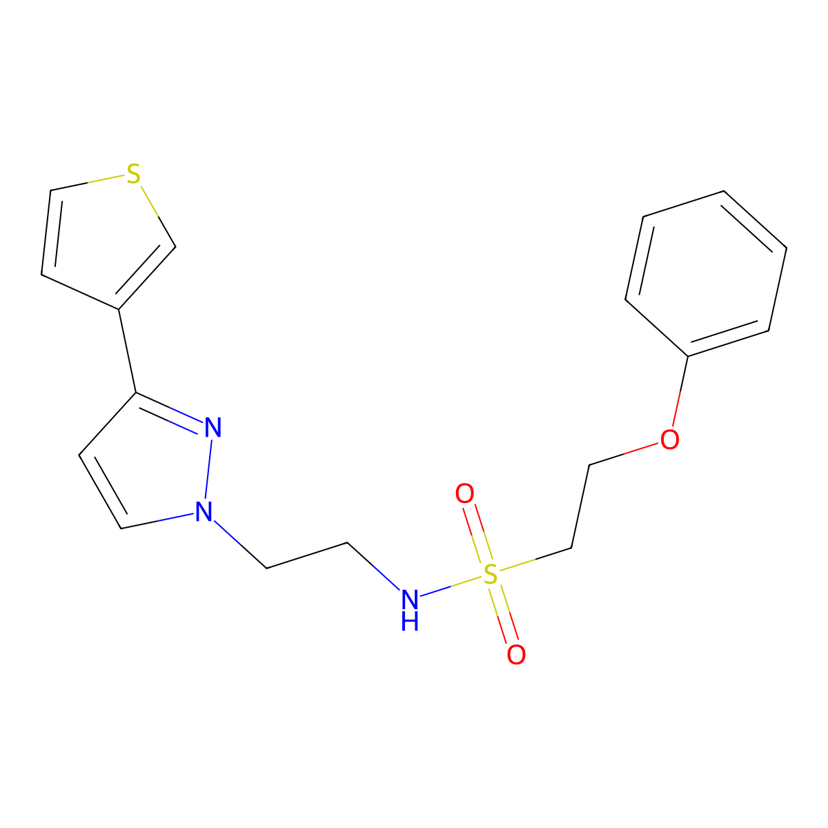 2-phenoxy-N-(2-(3-(thiophen-3-yl)-1H-pyrazol-1-yl)ethyl)ethanesulfonamide molecular structure, CAS 2034361-96-9