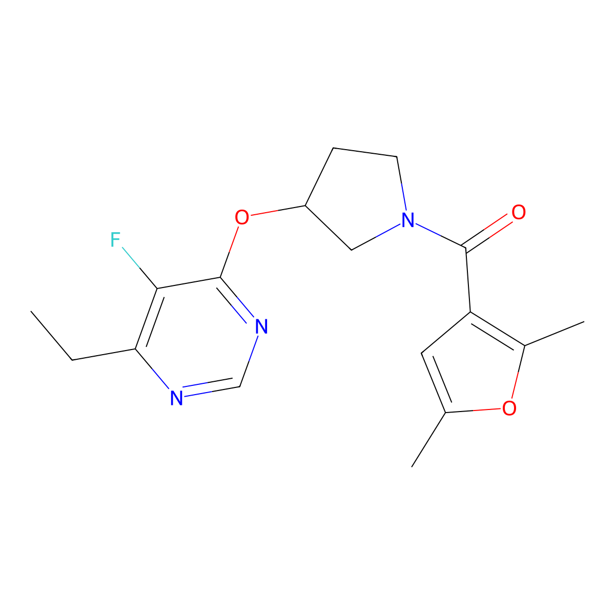 (2,5-Dimethylfuran-3-yl)(3-((6-ethyl-5-fluoropyrimidin-4-yl)oxy)pyrrolidin-1-yl)methanone molecular structure, CAS 2034362-03-1