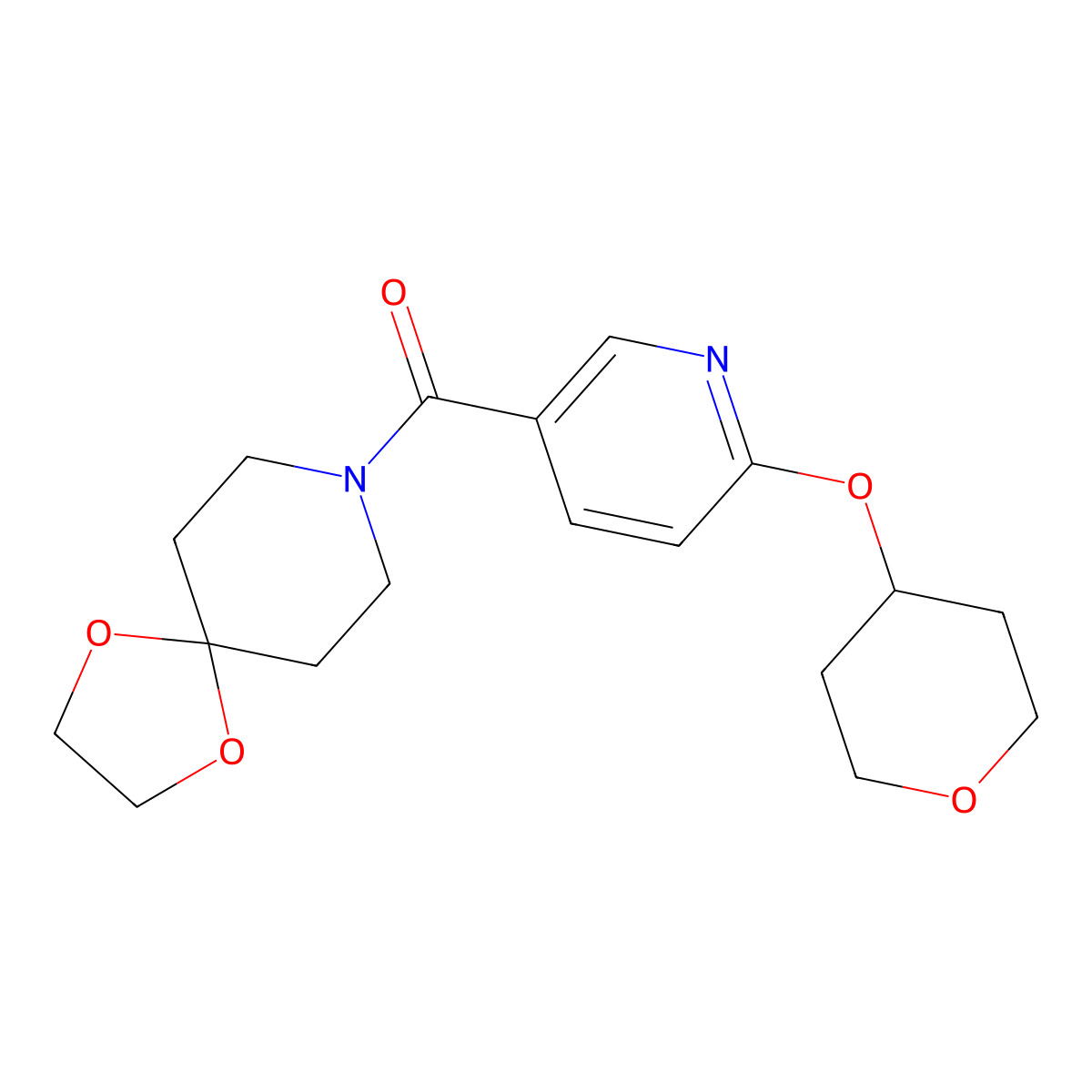 1,4-dioxa-8-azaspiro[4.5]decan-8-yl(6-((tetrahydro-2H-pyran-4-yl)oxy)pyridin-3-yl)methanone molecular structure, CAS 2034362-05-3
