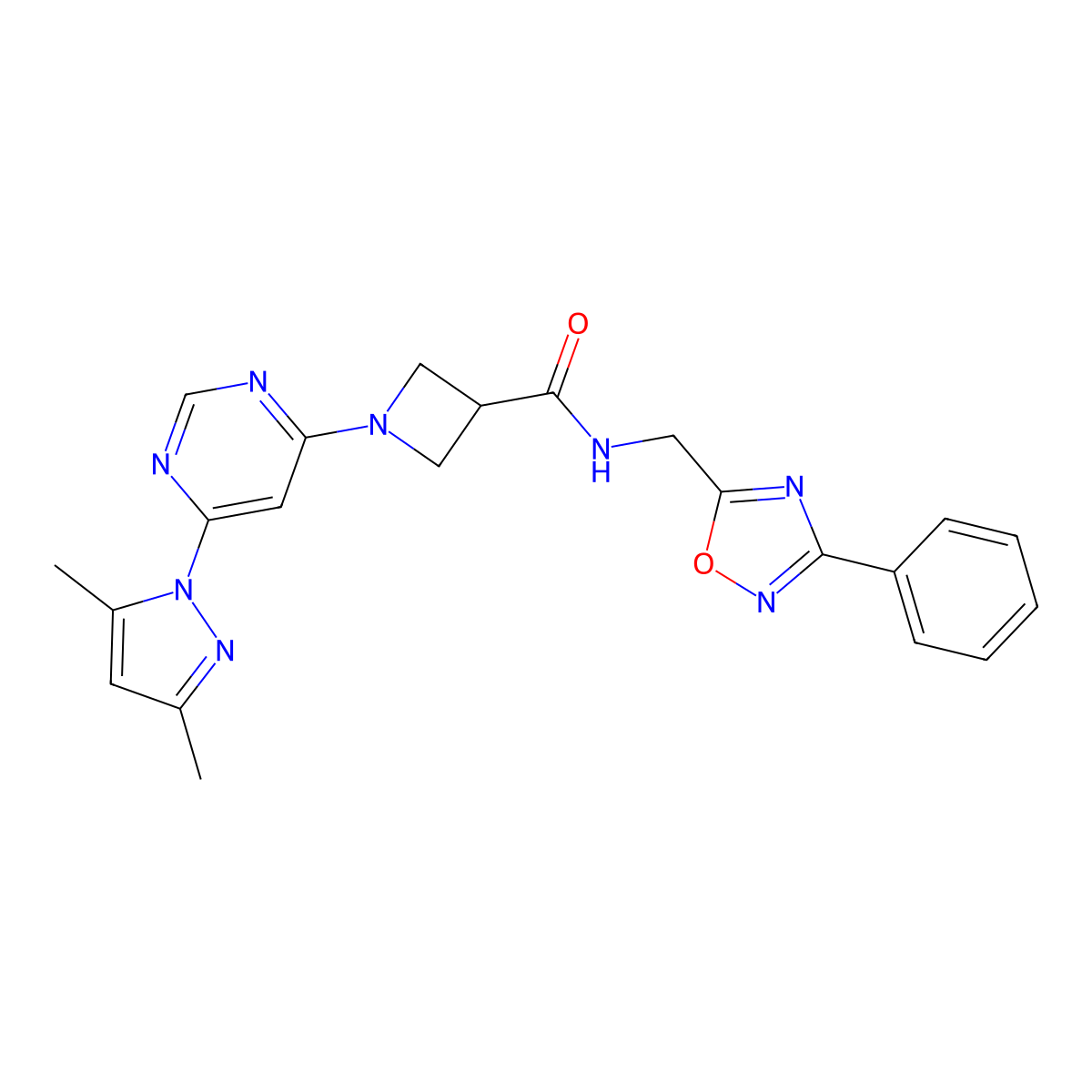 1-(6-(3,5-dimethyl-1H-pyrazol-1-yl)pyrimidin-4-yl)-N-((3-phenyl-1,2,4-oxadiazol-5-yl)methyl)azetidine-3-carboxamide molecular structure, CAS 2034362-10-0