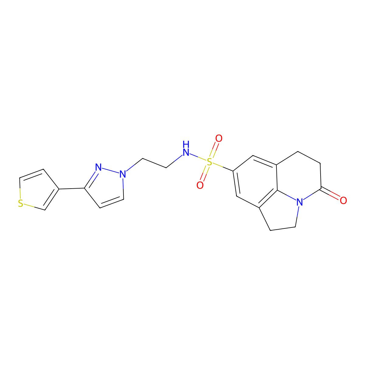 11-oxo-N-{2-[3-(thiophen-3-yl)-1H-pyrazol-1-yl]ethyl}-1-azatricyclo[6.3.1.0^{4,12}]dodeca-4(12),5,7-triene-6-sulfonamide molecular structure, CAS 2034362-16-6
