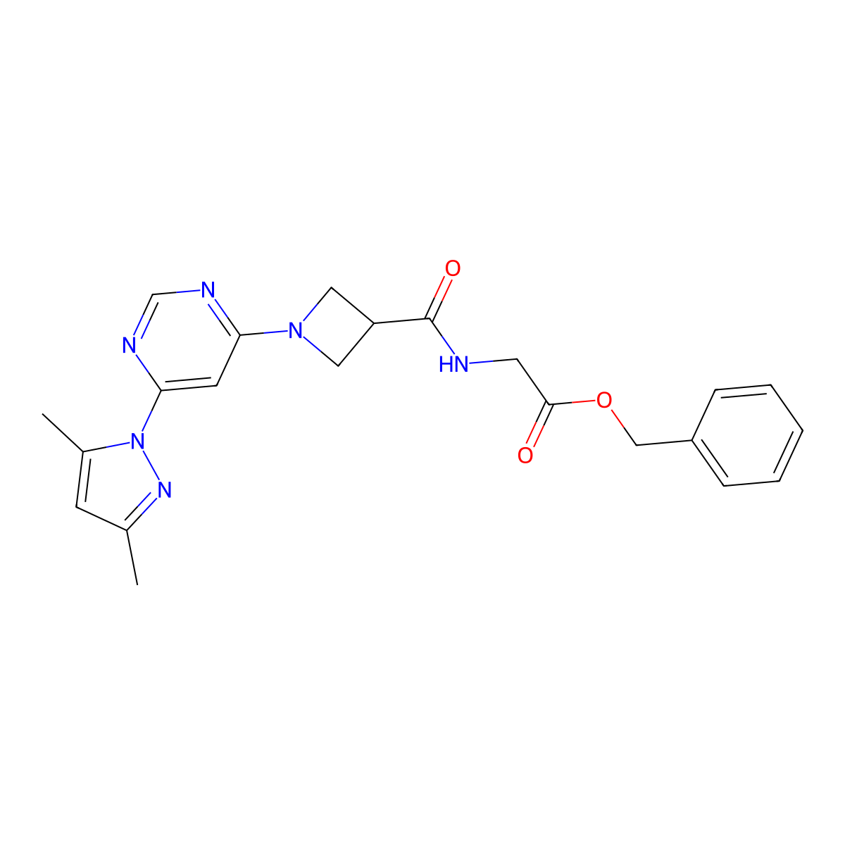 benzyl 2-(1-(6-(3,5-dimethyl-1H-pyrazol-1-yl)pyrimidin-4-yl)azetidine-3-carboxamido)acetate molecular structure, CAS 2034362-17-7