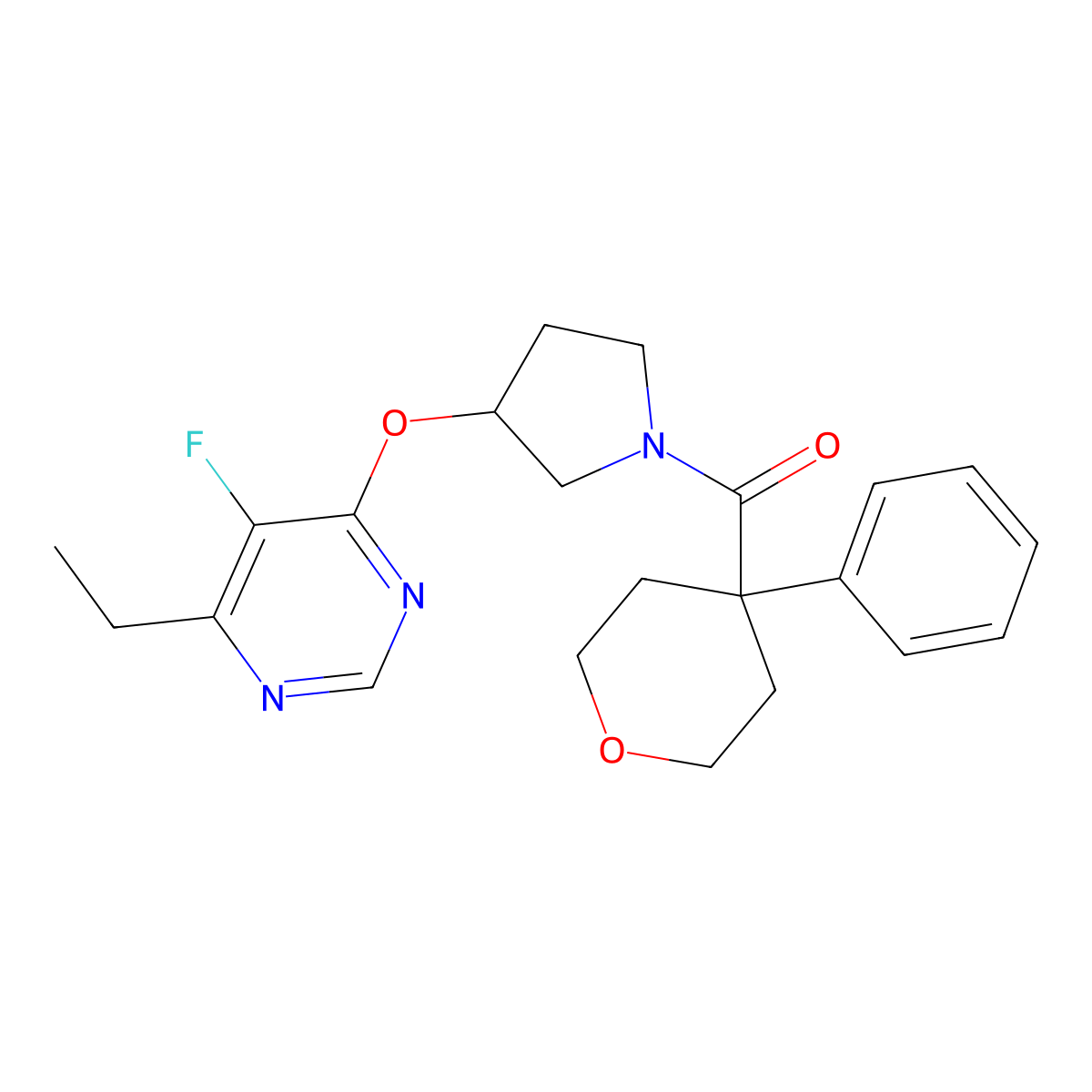 (3-((6-ethyl-5-fluoropyrimidin-4-yl)oxy)pyrrolidin-1-yl)(4-phenyltetrahydro-2H-pyran-4-yl)methanone molecular structure, CAS 2034362-18-8