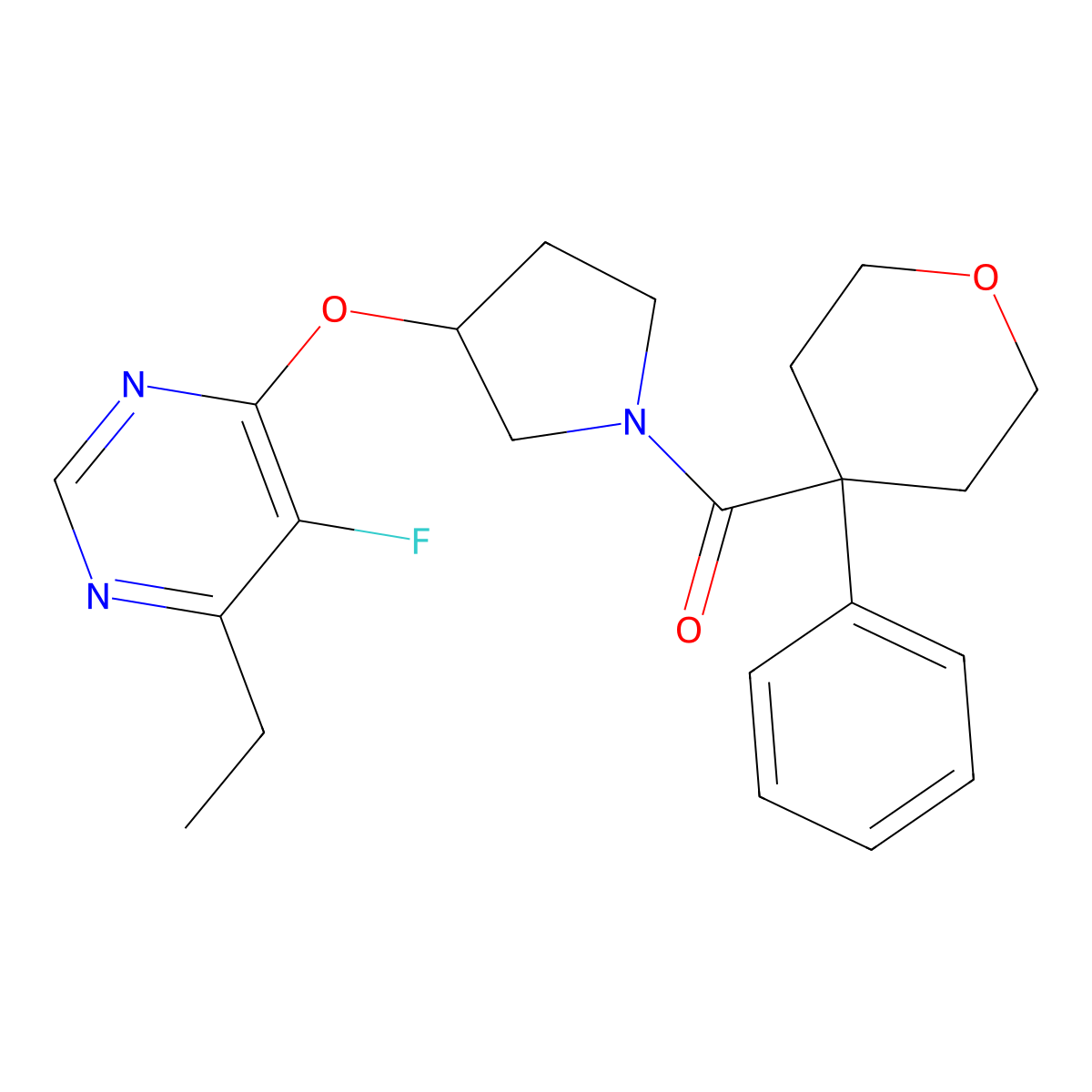 (3-((6-ethyl-5-fluoropyrimidin-4-yl)oxy)pyrrolidin-1-yl)(4-phenyltetrahydro-2H-pyran-4-yl)methanone molecular structure, CAS 2034362-18-8