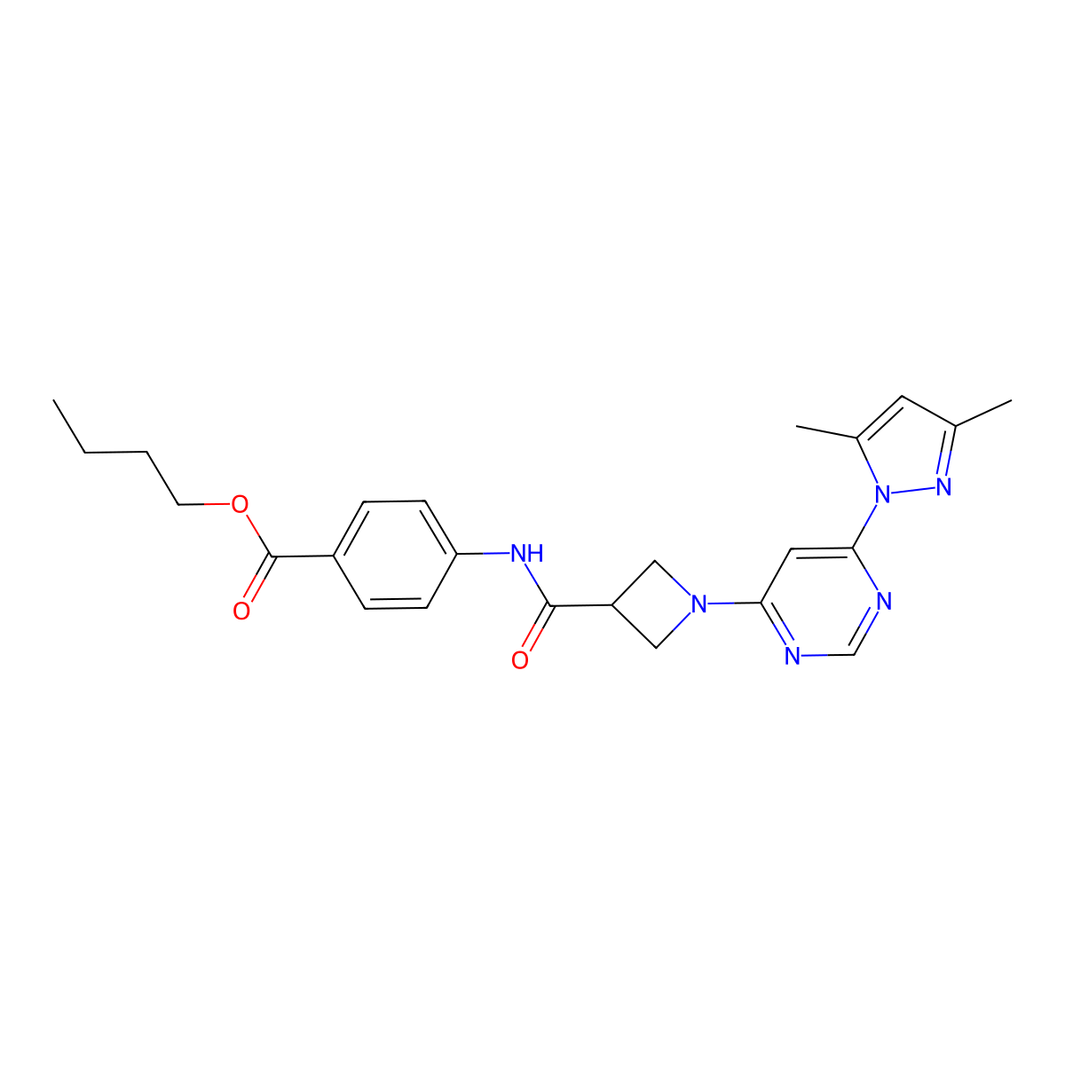 butyl 4-(1-(6-(3,5-dimethyl-1H-pyrazol-1-yl)pyrimidin-4-yl)azetidine-3-carboxamido)benzoate molecular structure, CAS 2034362-20-2