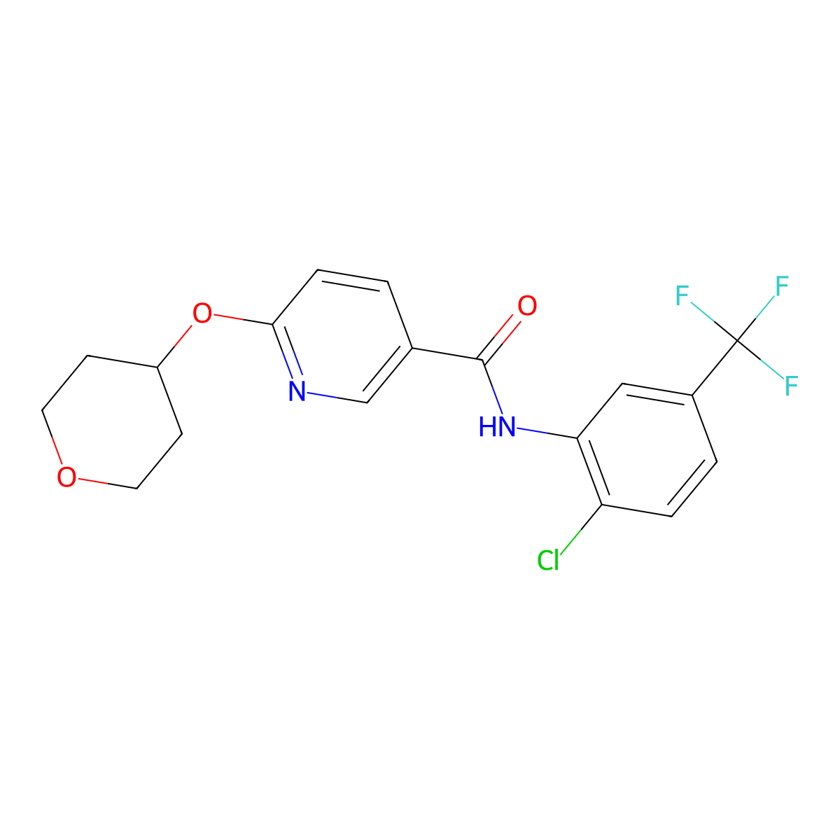 N-(2-chloro-5-(trifluoromethyl)phenyl)-6-((tetrahydro-2H-pyran-4-yl)oxy)nicotinamide molecular structure, CAS 2034362-27-9