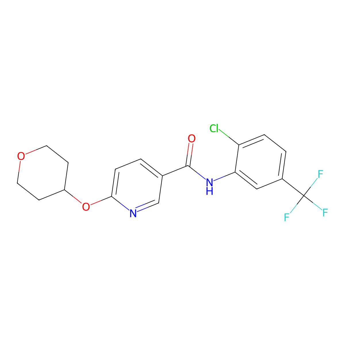 N-(2-chloro-5-(trifluoromethyl)phenyl)-6-((tetrahydro-2H-pyran-4-yl)oxy)nicotinamide molecular structure, CAS 2034362-27-9
