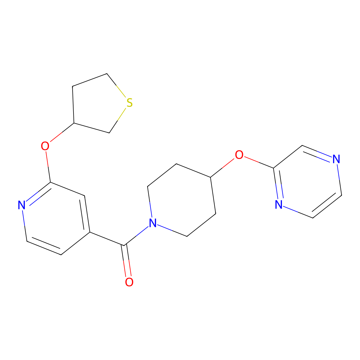 (4-(Pyrazin-2-yloxy)piperidin-1-yl)(2-((tetrahydrothiophen-3-yl)oxy)pyridin-4-yl)methanone molecular structure, CAS 2034362-31-5