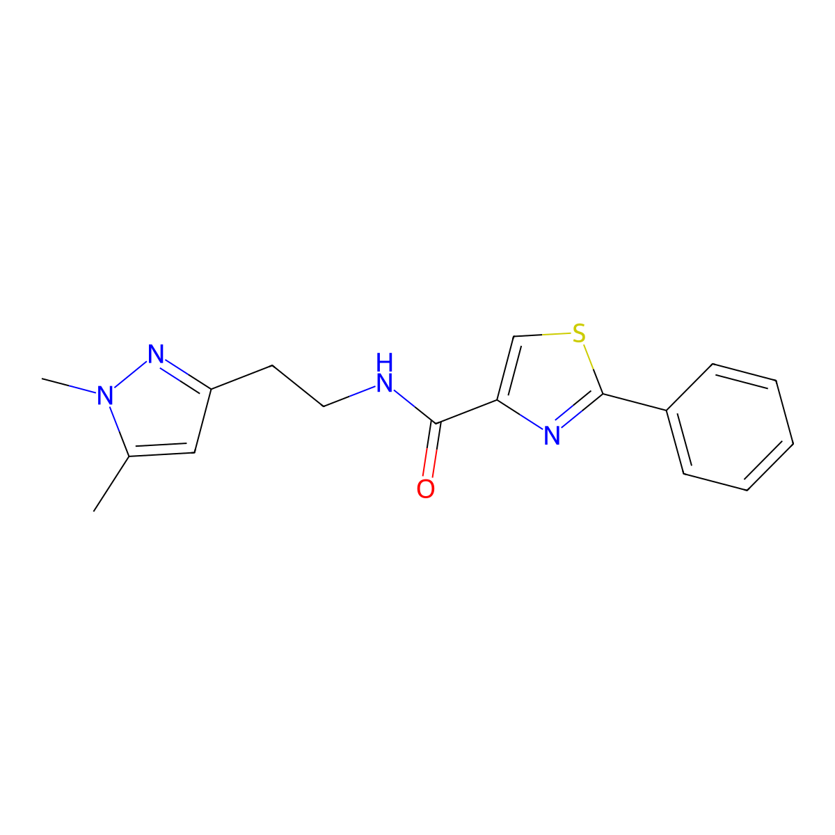 N-(2-(1,5-dimethyl-1H-pyrazol-3-yl)ethyl)-2-phenylthiazole-4-carboxamide molecular structure, CAS 2034362-32-6
