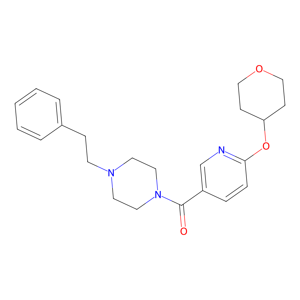 (4-phenethylpiperazin-1-yl)(6-((tetrahydro-2H-pyran-4-yl)oxy)pyridin-3-yl)methanone molecular structure, CAS 2034362-38-2
