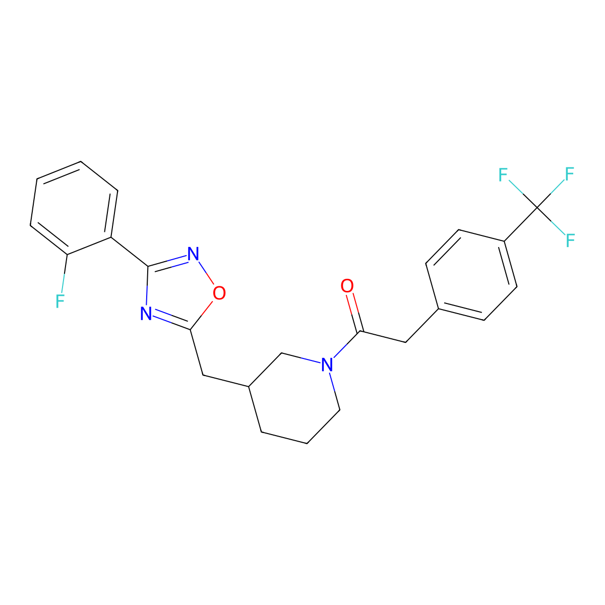 1-(3-((3-(2-Fluorophenyl)-1,2,4-oxadiazol-5-yl)methyl)piperidin-1-yl)-2-(4-(trifluoromethyl)phenyl)ethanone molecular structure, CAS 2034362-39-3