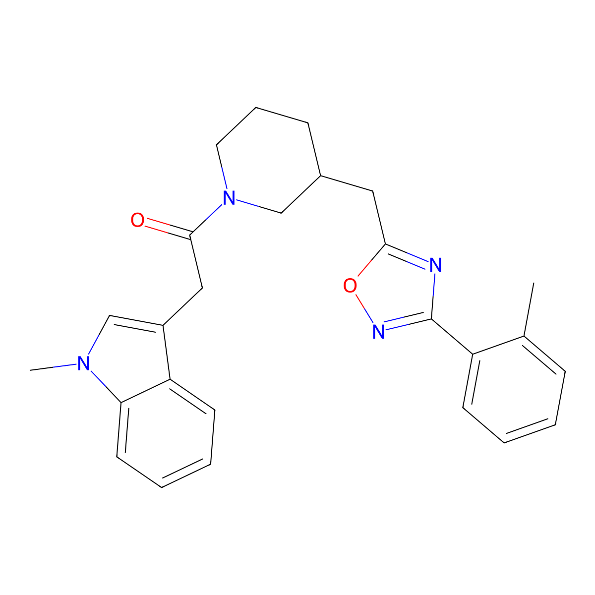 2-(1-methyl-1H-indol-3-yl)-1-(3-((3-(o-tolyl)-1,2,4-oxadiazol-5-yl)methyl)piperidin-1-yl)ethanone molecular structure, CAS 2034362-51-9