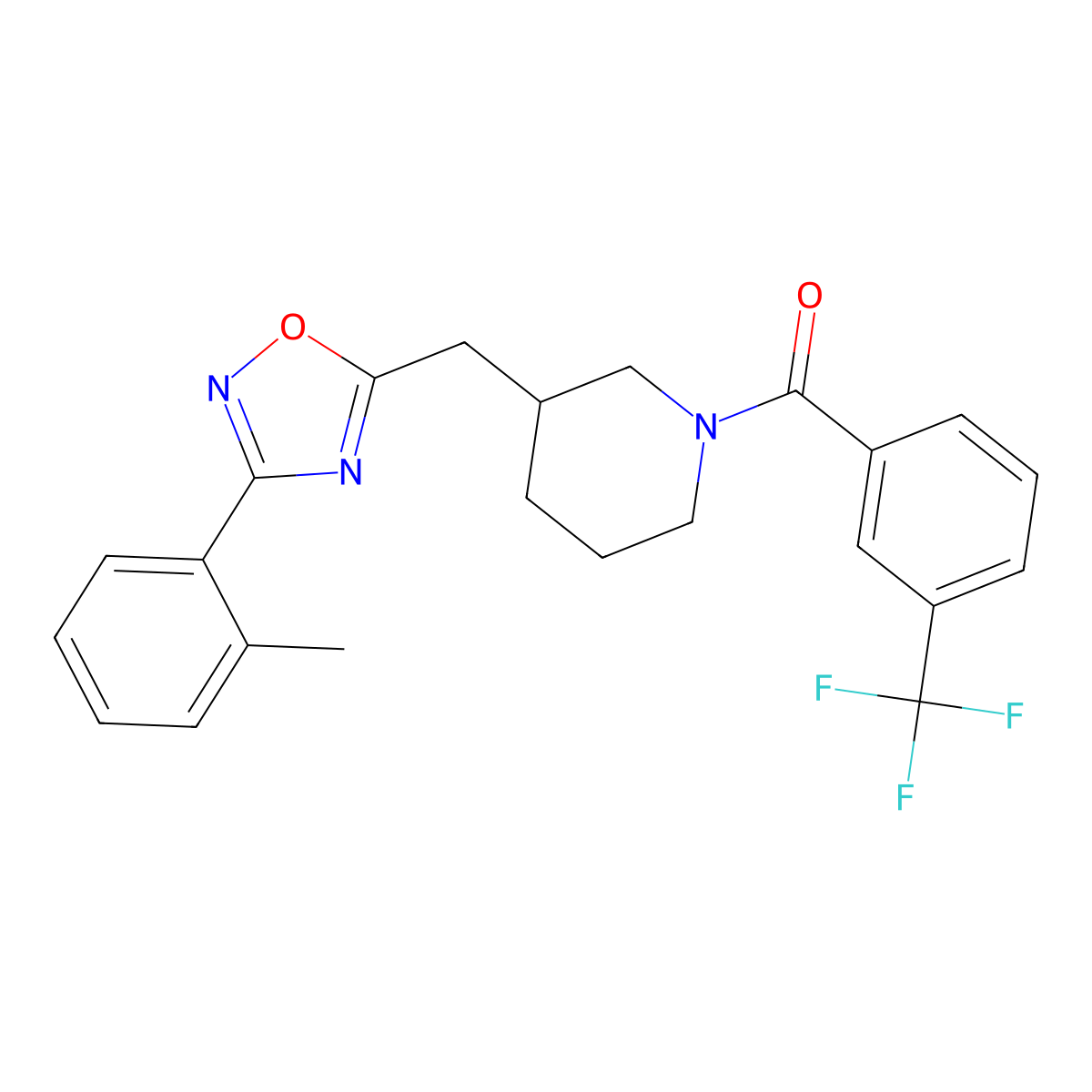 (3-((3-(o-Tolyl)-1,2,4-oxadiazol-5-yl)methyl)piperidin-1-yl)(3-(trifluoromethyl)phenyl)methanone molecular structure, CAS 2034362-57-5
