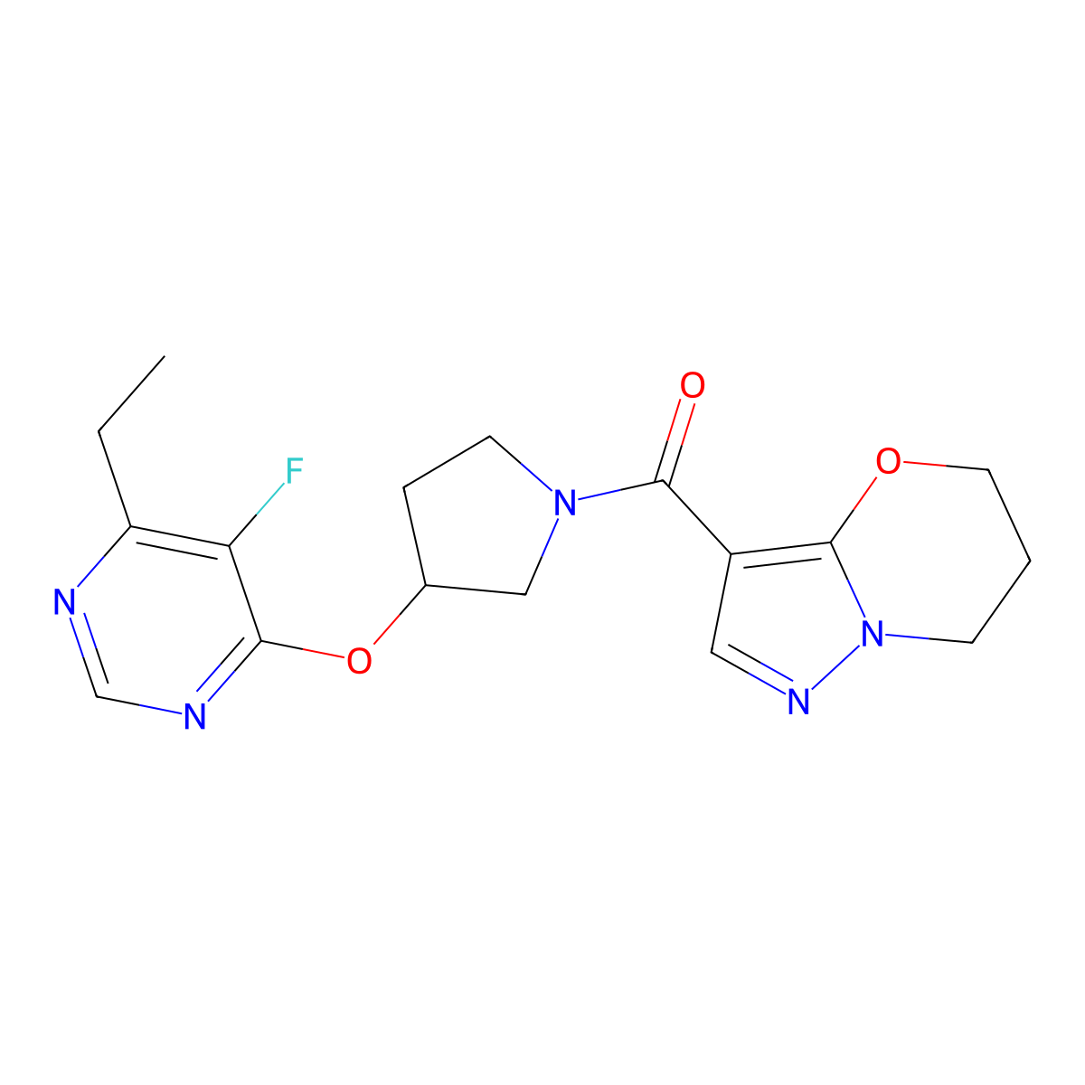 (6,7-dihydro-5H-pyrazolo[5,1-b][1,3]oxazin-3-yl)(3-((6-ethyl-5-fluoropyrimidin-4-yl)oxy)pyrrolidin-1-yl)methanone molecular structure, CAS 2034362-69-9