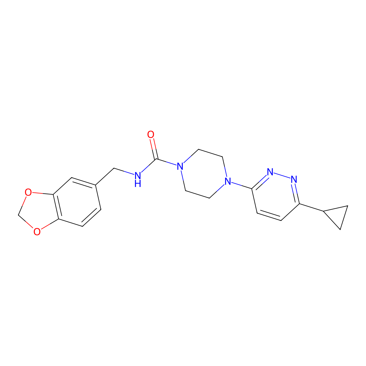 N-(benzo[d][1,3]dioxol-5-ylmethyl)-4-(6-cyclopropylpyridazin-3-yl)piperazine-1-carboxamide molecular structure, CAS 2034362-78-0