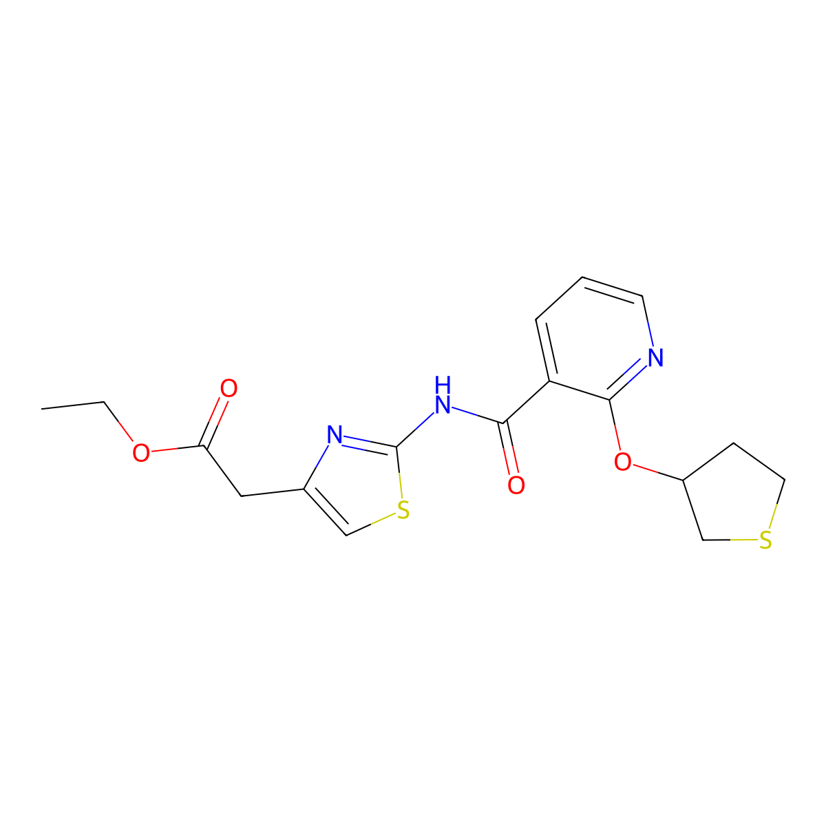 Ethyl 2-(2-(2-((tetrahydrothiophen-3-yl)oxy)nicotinamido)thiazol-4-yl)acetate molecular structure, CAS 2034362-83-7