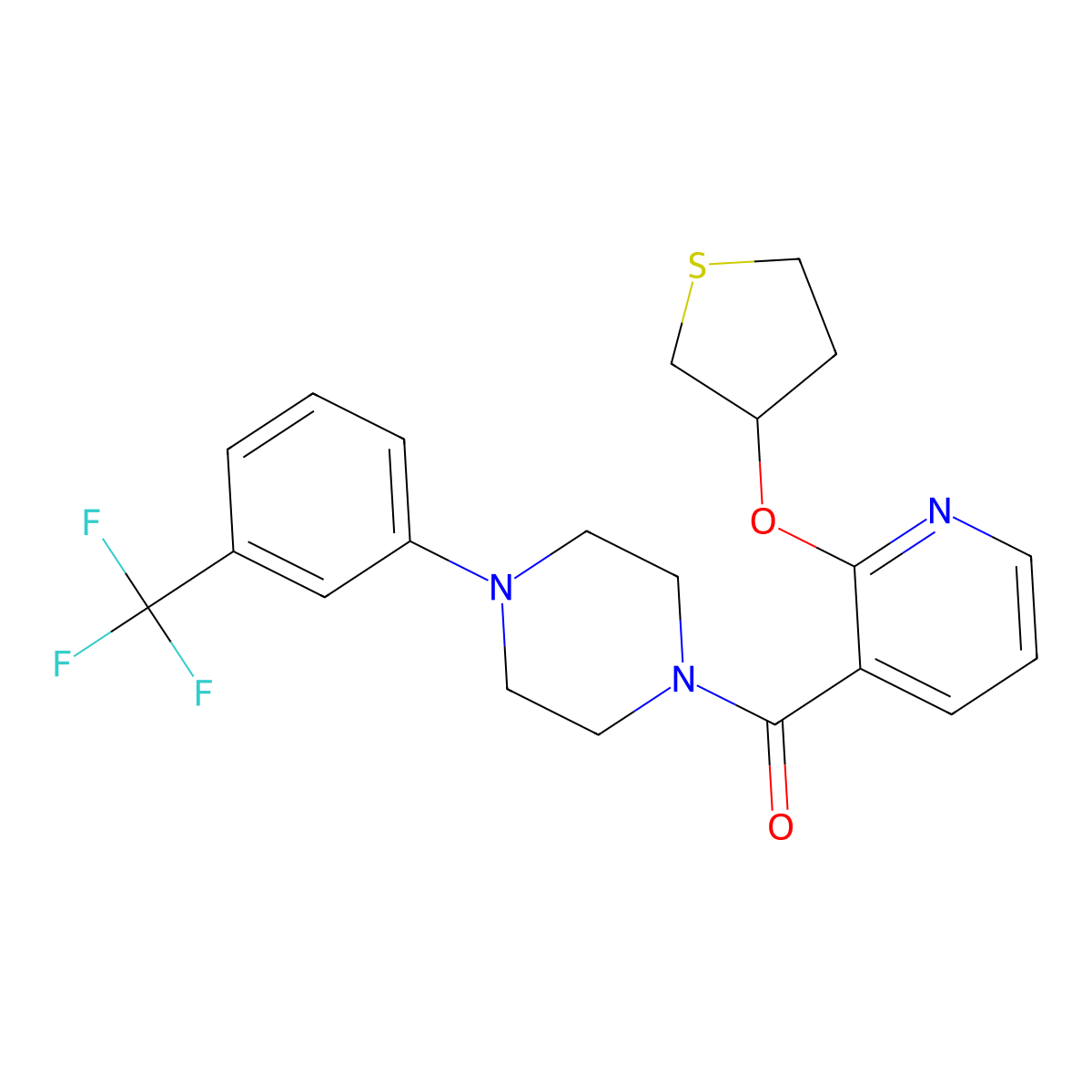 (2-((Tetrahydrothiophen-3-yl)oxy)pyridin-3-yl)(4-(3-(trifluoromethyl)phenyl)piperazin-1-yl)methanone molecular structure, CAS 2034362-96-2